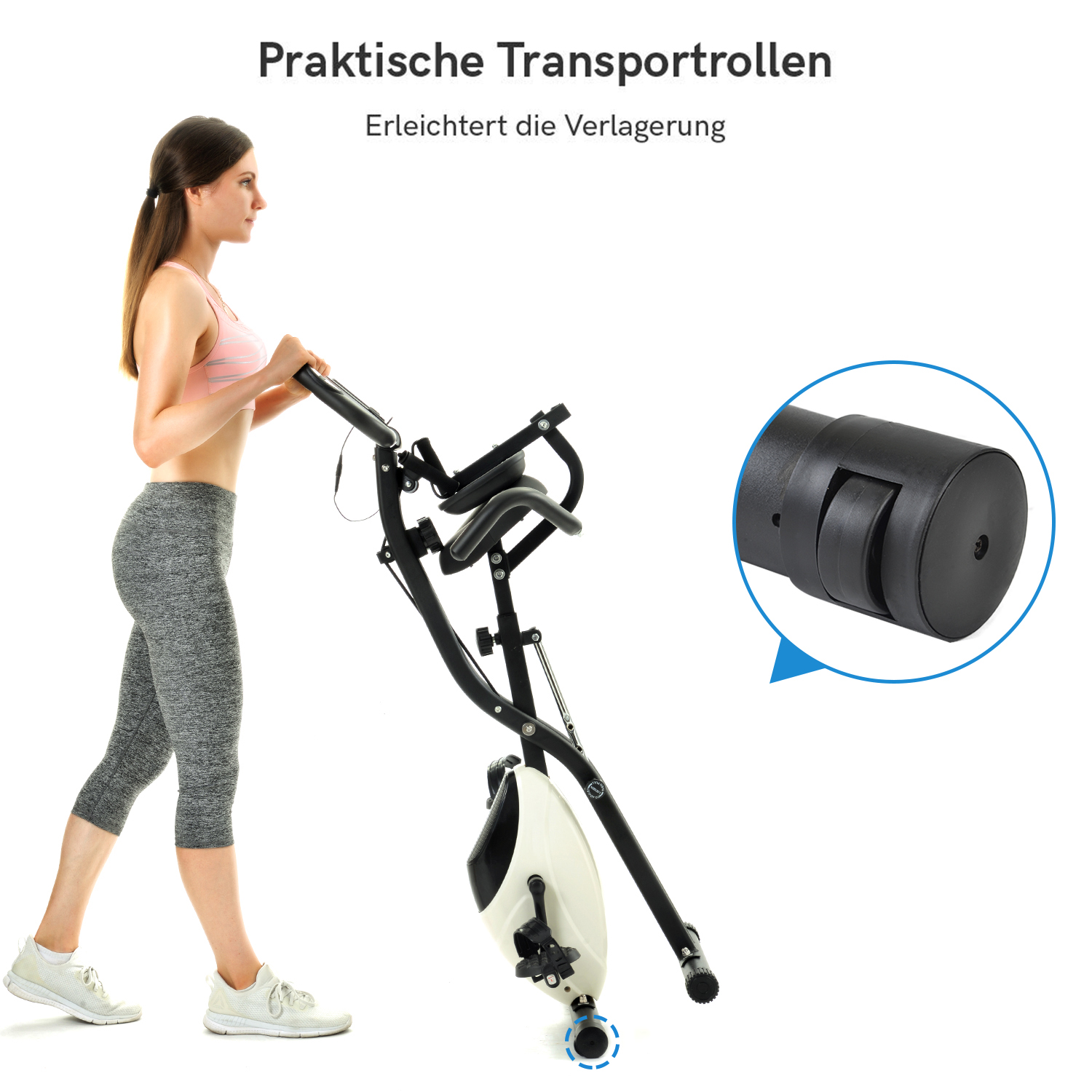 Frau läuft auf einem Laufband, mit Noten und Telefon. Ein großer Bildschirm zeigt eine virtuelle Szene.
