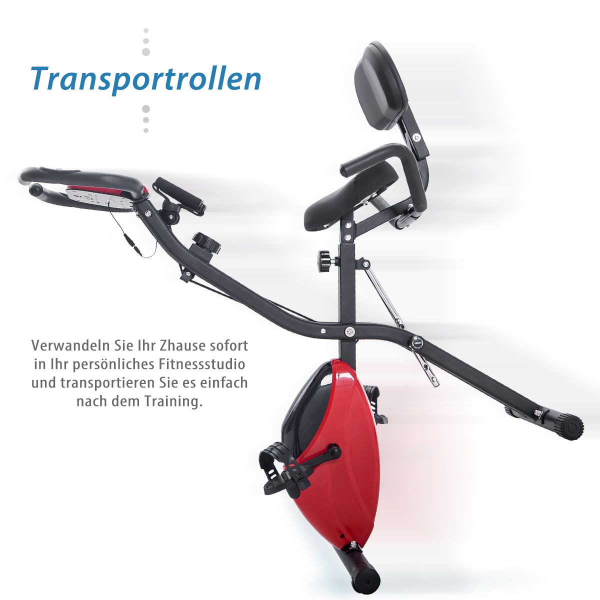 Rotes und schwarzes Trainingsfahrrad, mit schwarzem Sitz und Griffen, von oben gesehen.