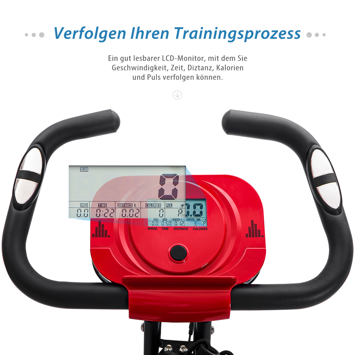 Nahaufnahme der Konsole eines roten und schwarzen Heimtrainers. Der Bildschirm zeigt Zahlen und Daten an.