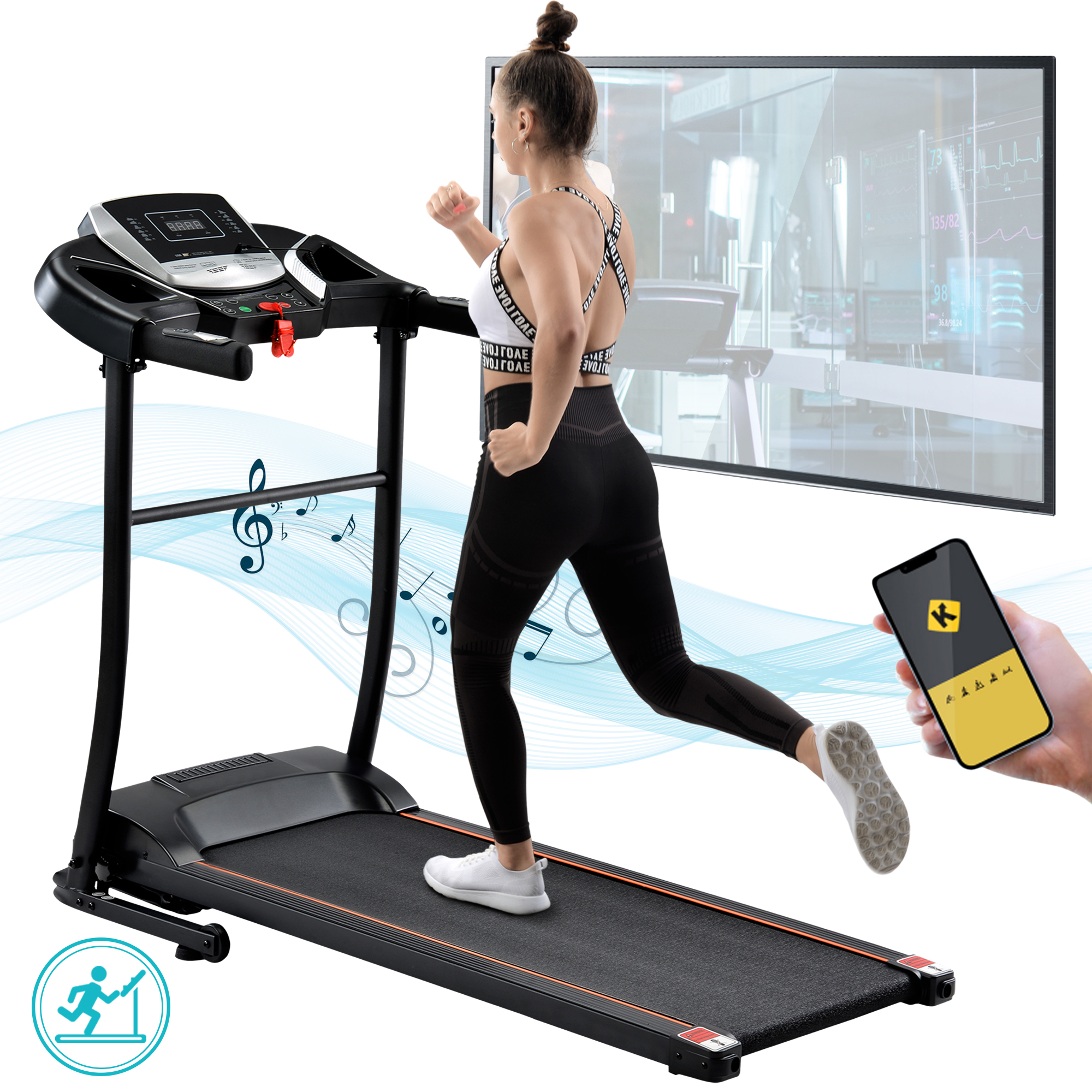 with USB Schwarz App, LINGDA Exercise Display Kinomap for Home, Equipment Running LED Bluetooth Treadmill Laufband, Foldable