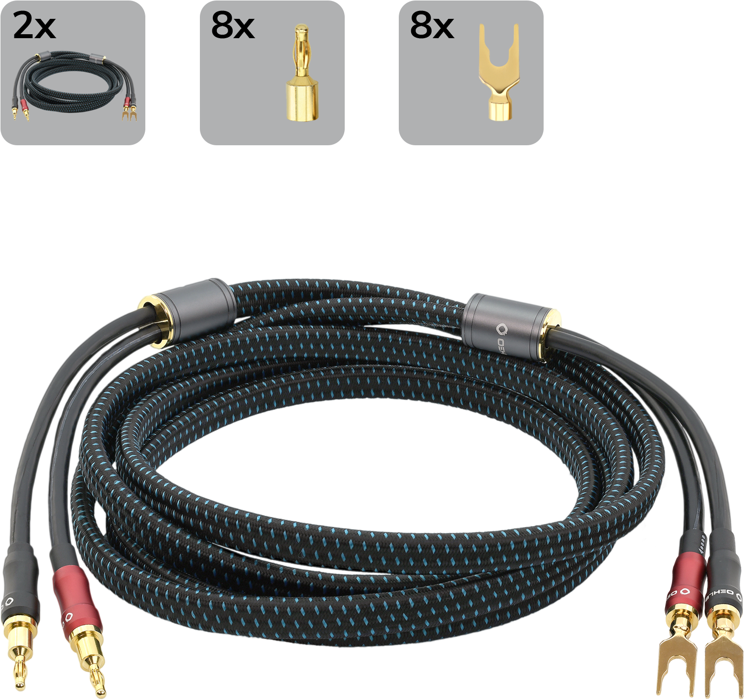 Audiokabel: schwarze Kabel, goldene Stecker und beschriftete Anschlüsse. Oben: Anschlüsse. Unten: Kabel.
