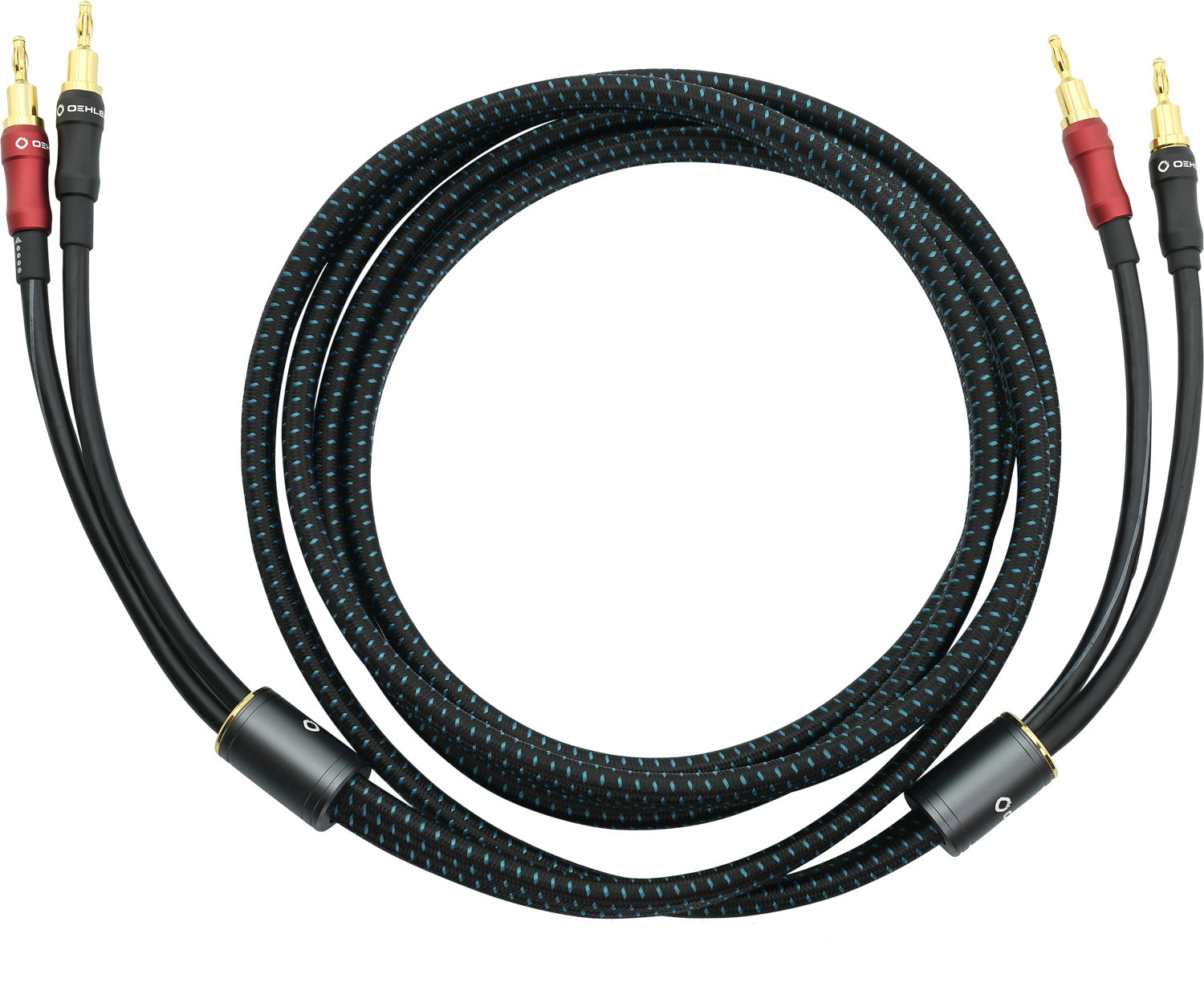 Schwarz-blau gemusterte Audiokabel mit goldfarbenen Steckern, schwarze Kabel.