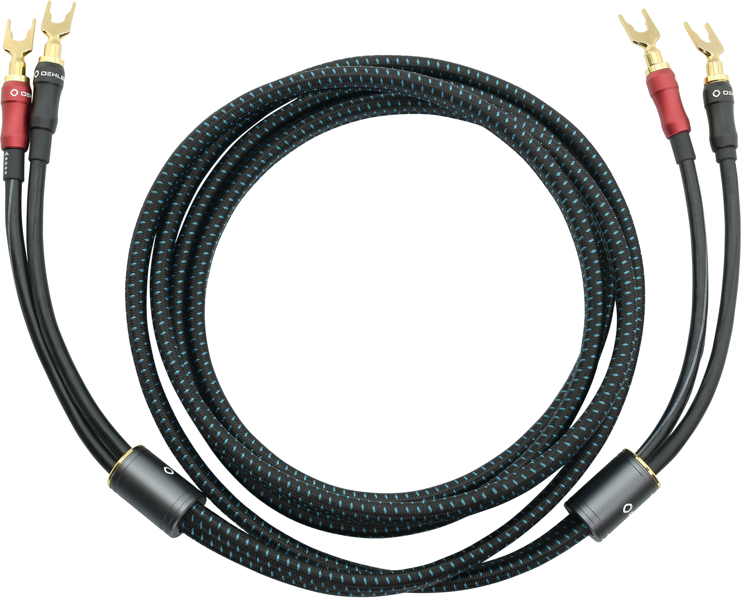 Schwarze Audiokabel mit Gold- und Rotsteckern, kreisförmig angeordnet.