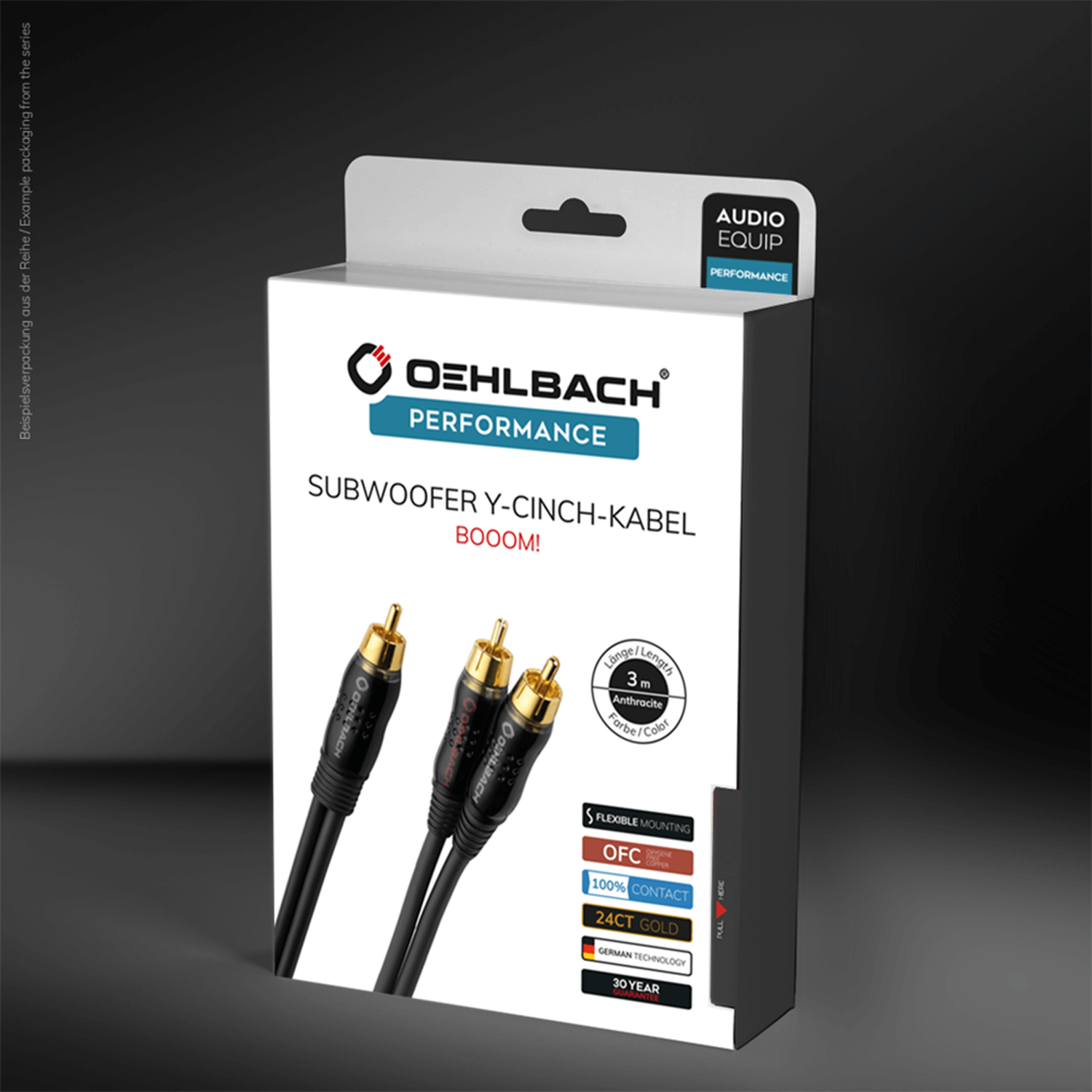 Box mit Subwoofer-Kabeln. Kabel sind schwarz mit Gold-Anschlüssen. Dunkler Hintergrund.