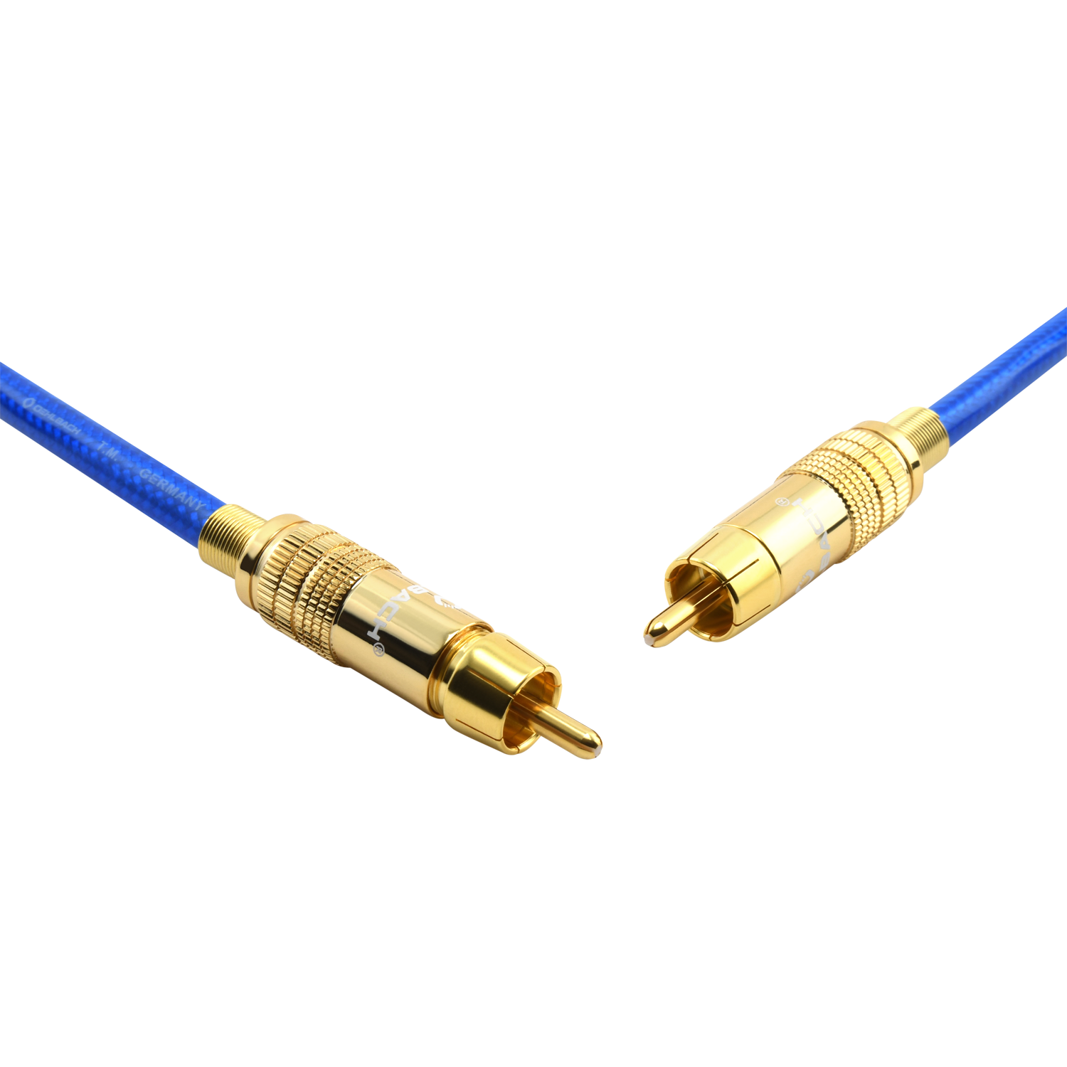Zwei goldfarbene Cinch-Kabel mit blauen Kabeln. Ein Kabel ist getrennt.