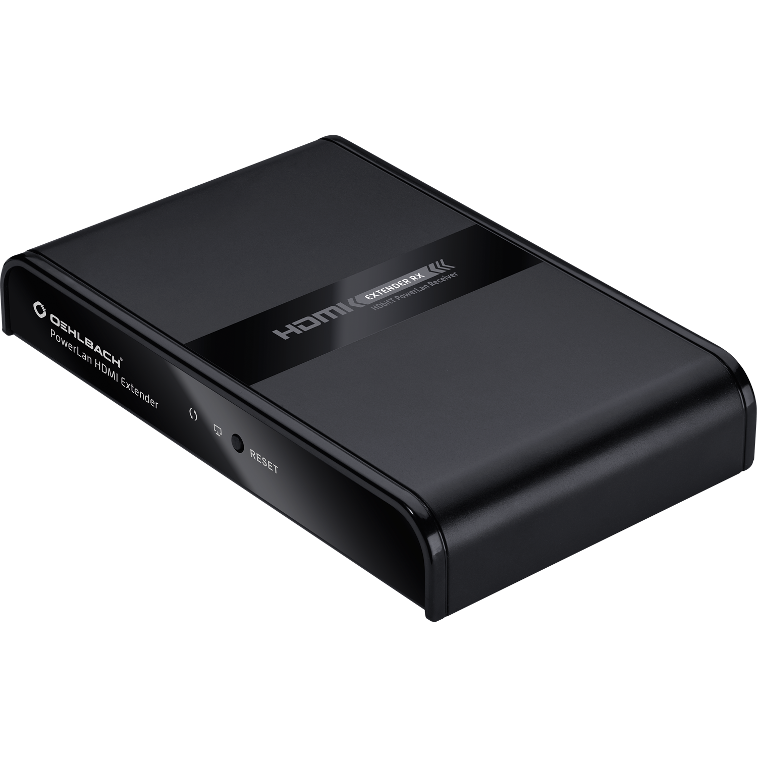 Schwarzes rechteckiges Gerät mit Reset-Taste und HDMI Extender-Etikett.