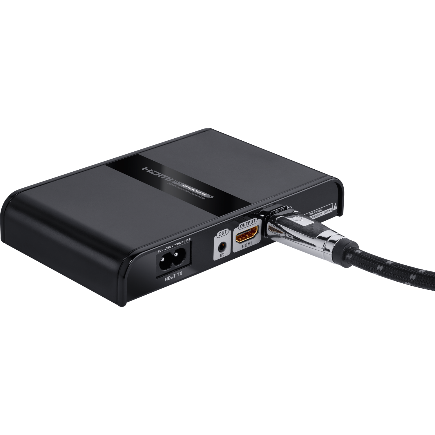 Schwarze HDMI Extender Box, mit eingesteckten Kabeln. Auf weißem Grund isoliert.