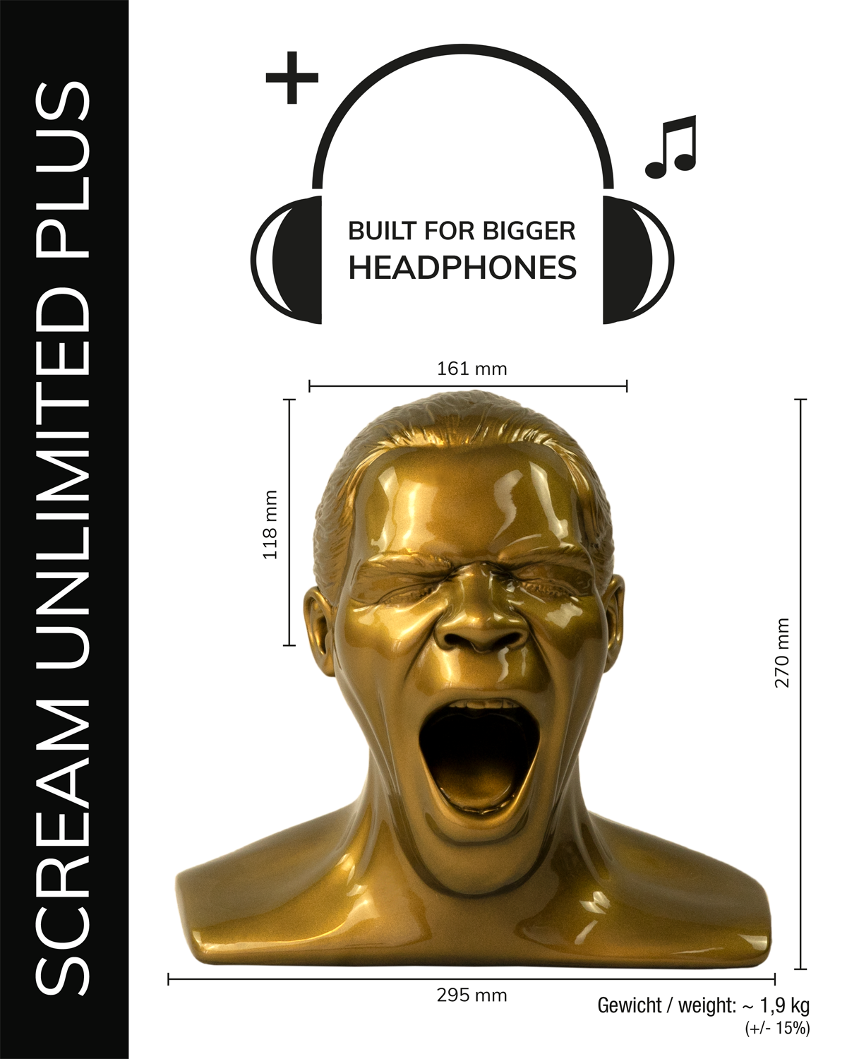 Goldene Kopfskulptur mit offenem Mund. Text und Abmessungen sichtbar. Weißer Hintergrund.