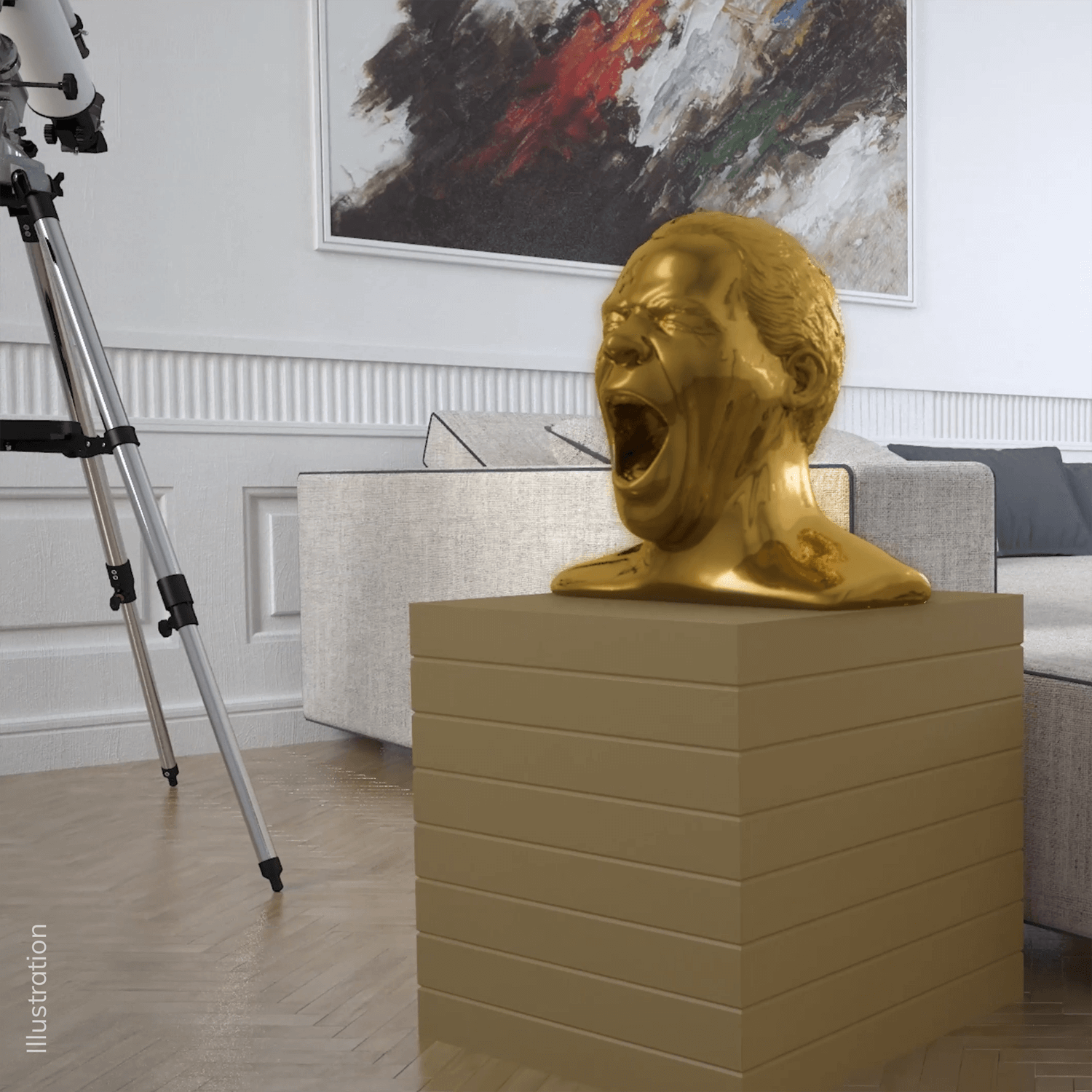 Goldene Büste eines Mannes mit offenem Mund auf einem Goldblock, in einem Raum.