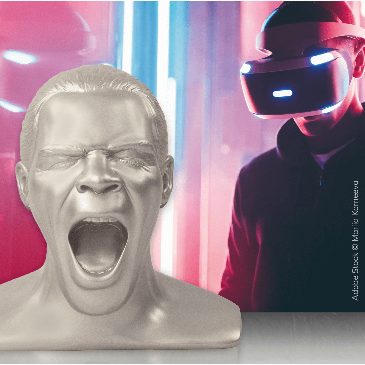 Silberne Skulptur mit offenem Mund, neben einer Person mit VR-Headset. Die Szene hat einen Neon-Hintergrund.
