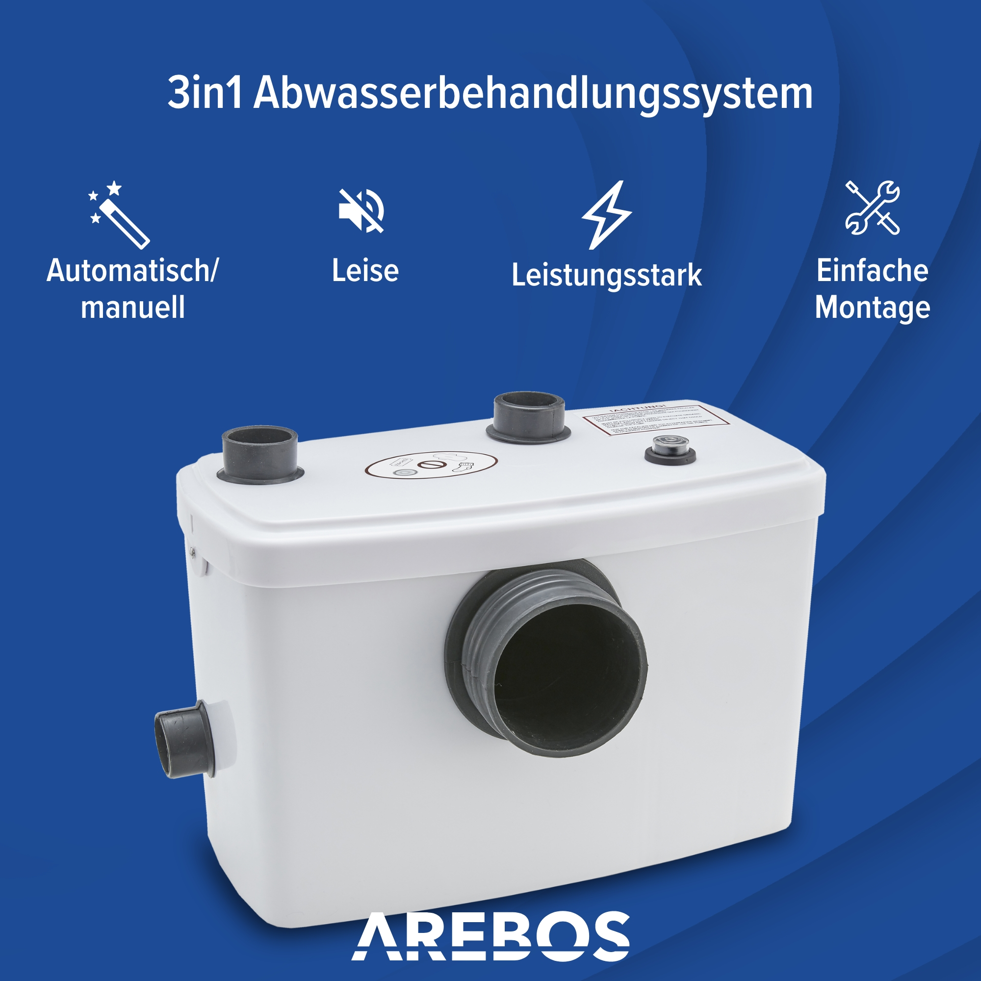 Ein weißes Wasseraufbereitungssystem mit einer weißen Box und vier Symbolen darum herum.