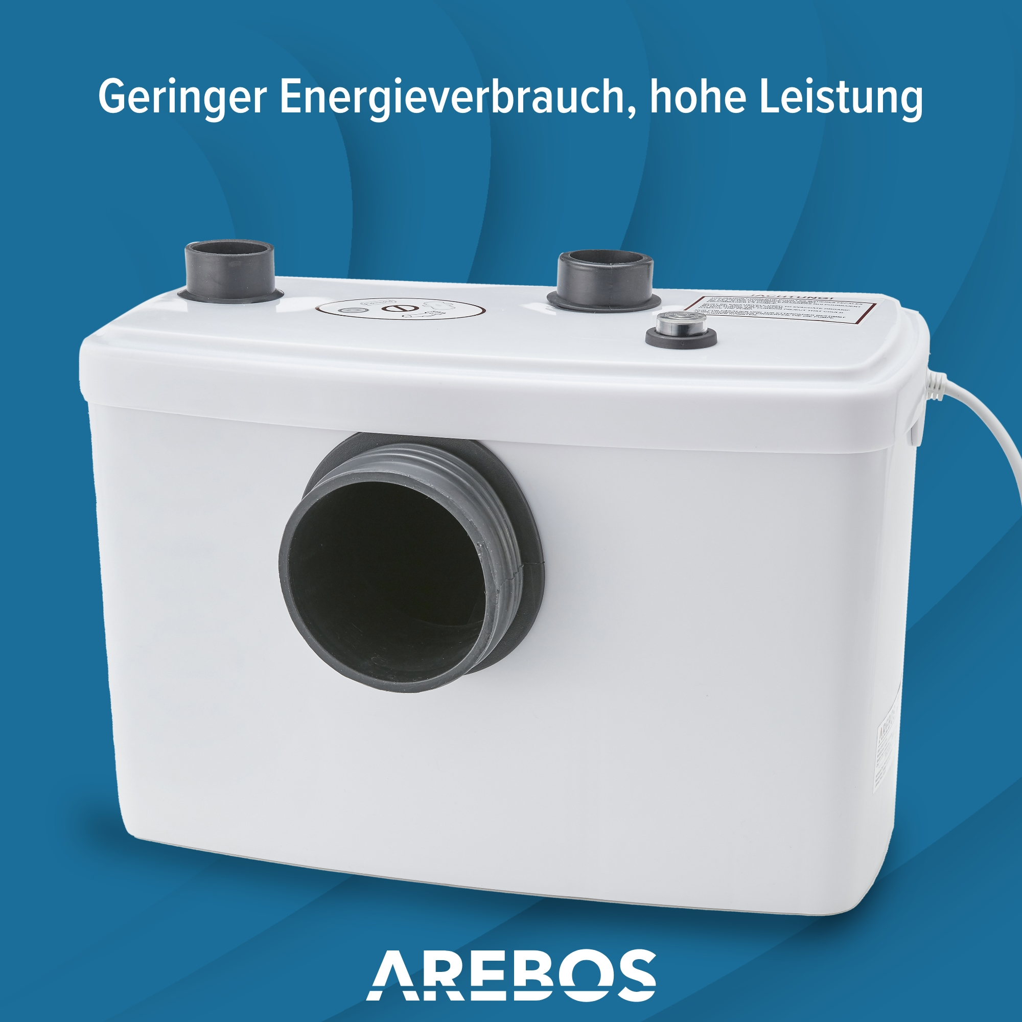 Eine weiße Pumpe mit schwarzen Aufsätzen und Text 'AREBOS'. Text oben: 'Geringerer Energieverbrauch, hohe Leistung'.