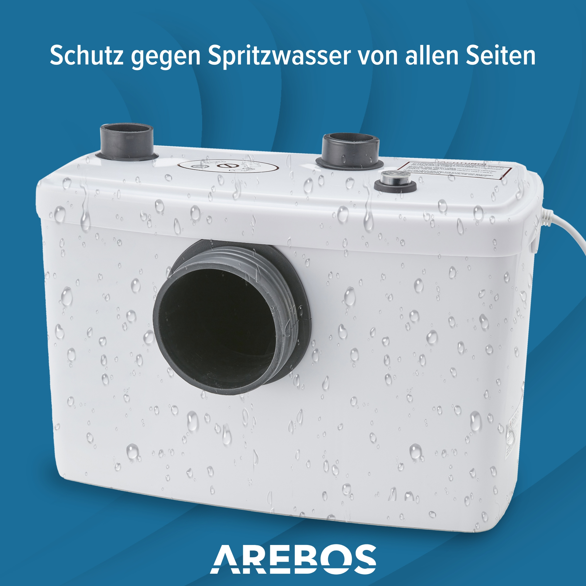 Eine weiße Wasserpumpe mit schwarzen Einlässen und blauem Hintergrund mit Wassertropfen.