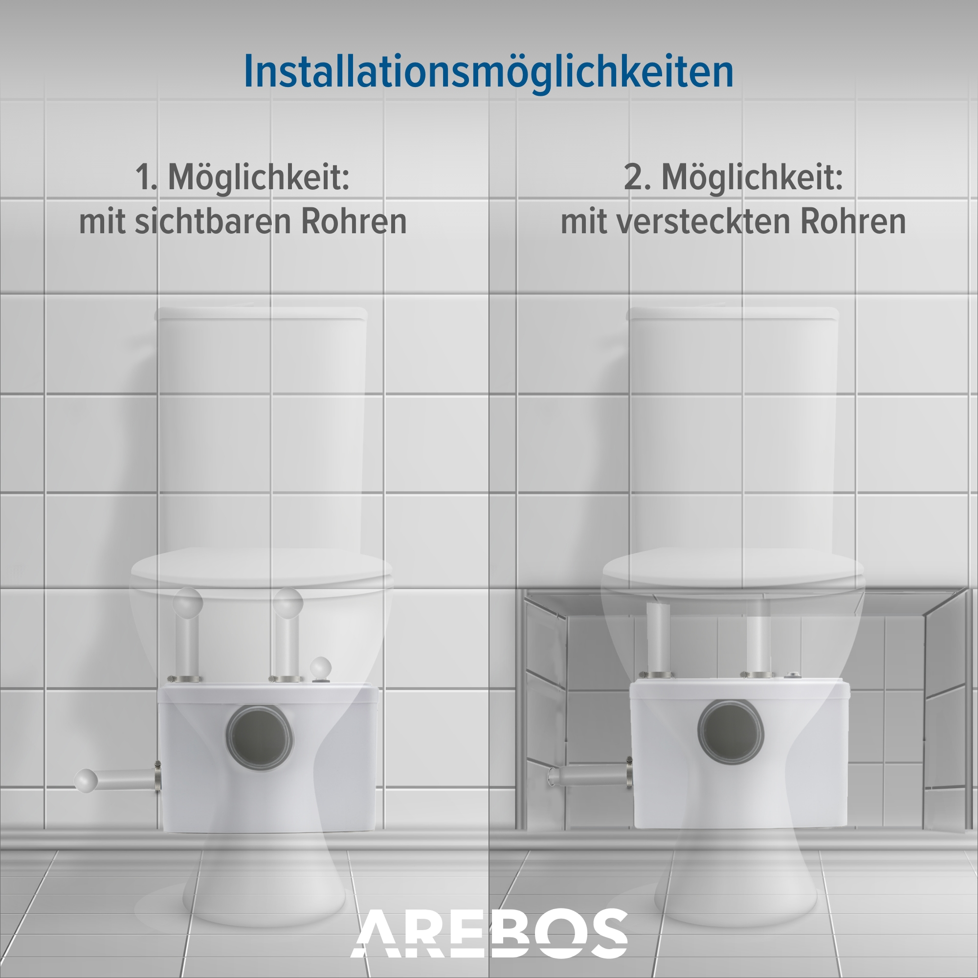 Diagramm, das zwei Toiletteninstallationsoptionen zeigt. Eine mit sichtbaren Rohren, eine mit versteckten Rohren.