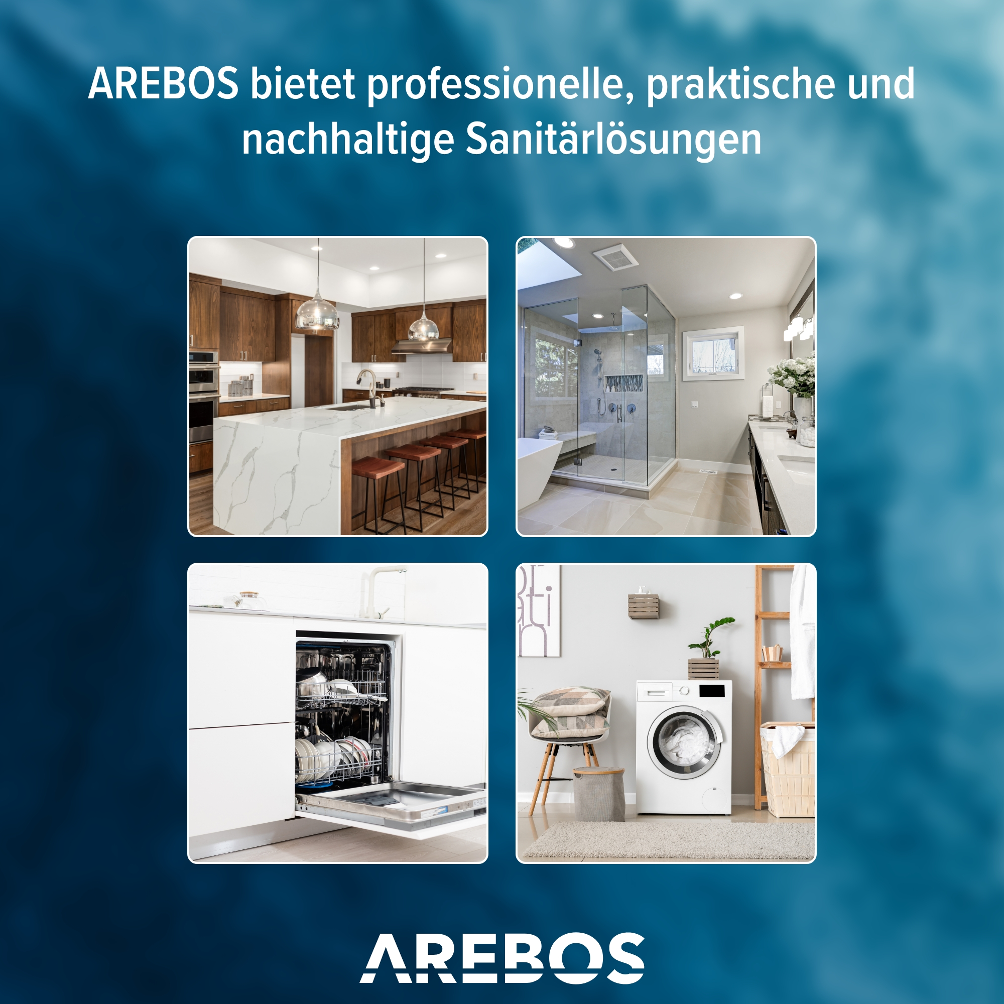 Collage von vier Innenarchitekturfotos mit dem AREBOS-Logo unten.