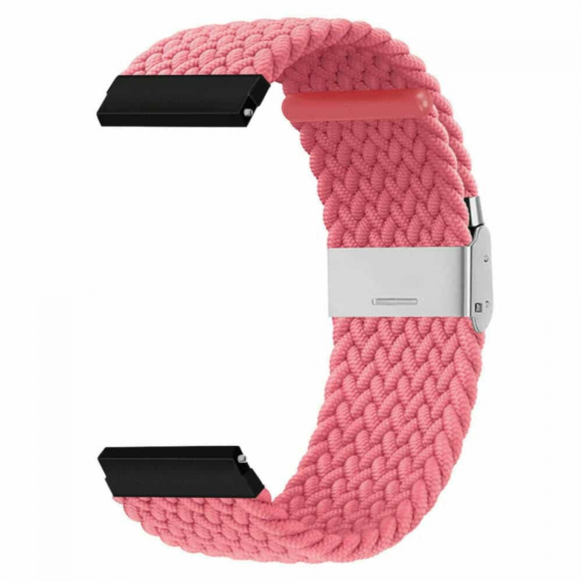 Rosa Stoff-Uhrenarmband mit schwarzen Anschlüssen und silberner Schnalle, Nahaufnahme.