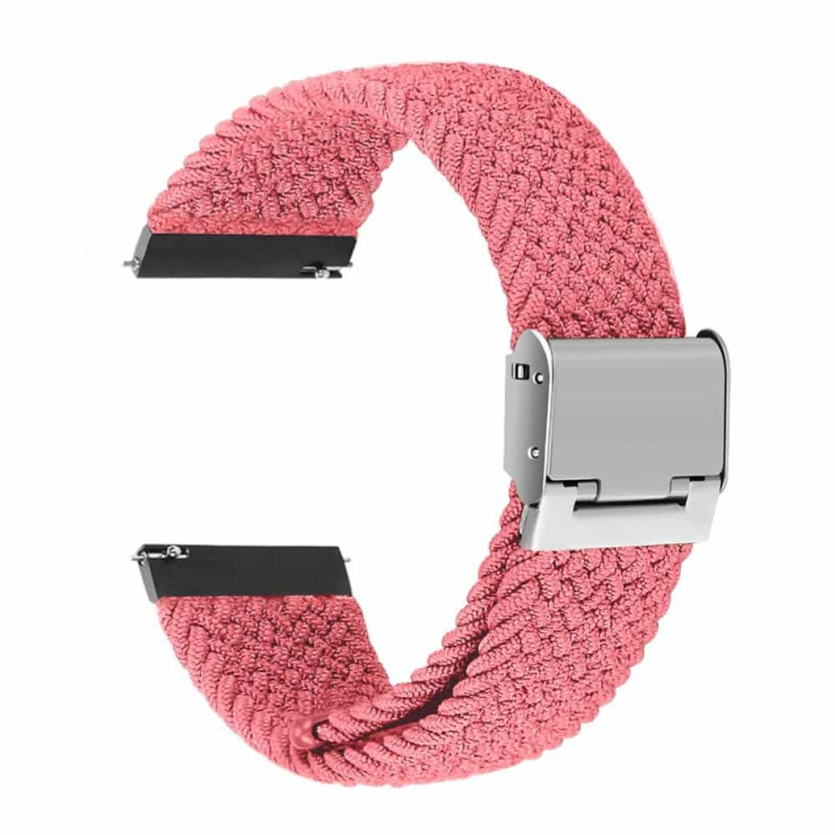 Rosa gewebtes Uhrenarmband mit silbernem Verschluss. Weißer Hintergrund.