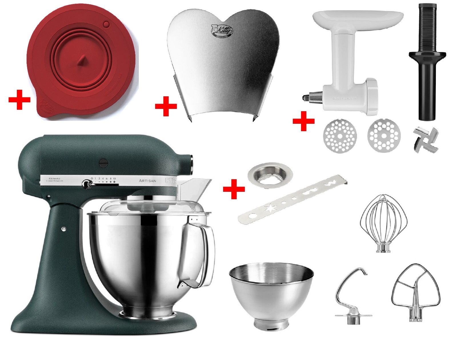 KitchenAid-Küchenmaschine mit Zubehör. Enthält einen roten Deckel, einen Fleischwolf und verschiedene Rührwerkzeuge.