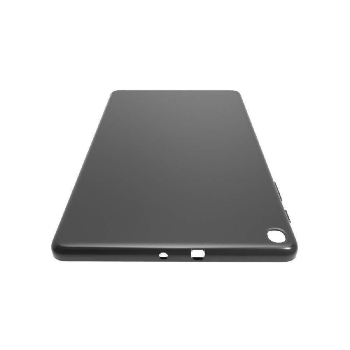 Ein schwarzes Tablet, das die Rückseite zeigt, mit einem Kamer Loch und einem Anschluss.