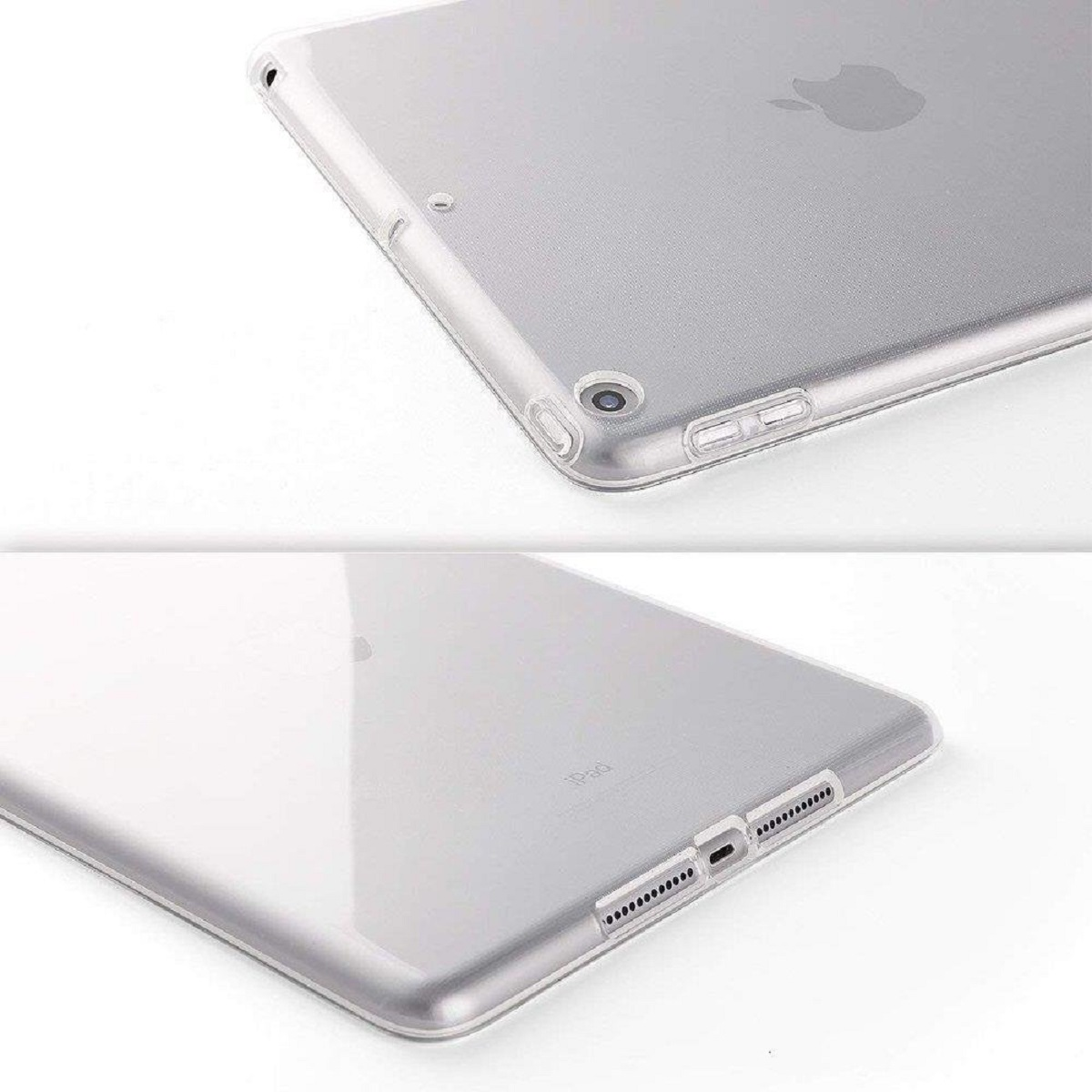 Nahaufnahme einer transparenten iPad-Hülle. Das iPad ist silberfarben. Die Hülle zeigt Kamera, Knöpfe und das Apple-Logo.