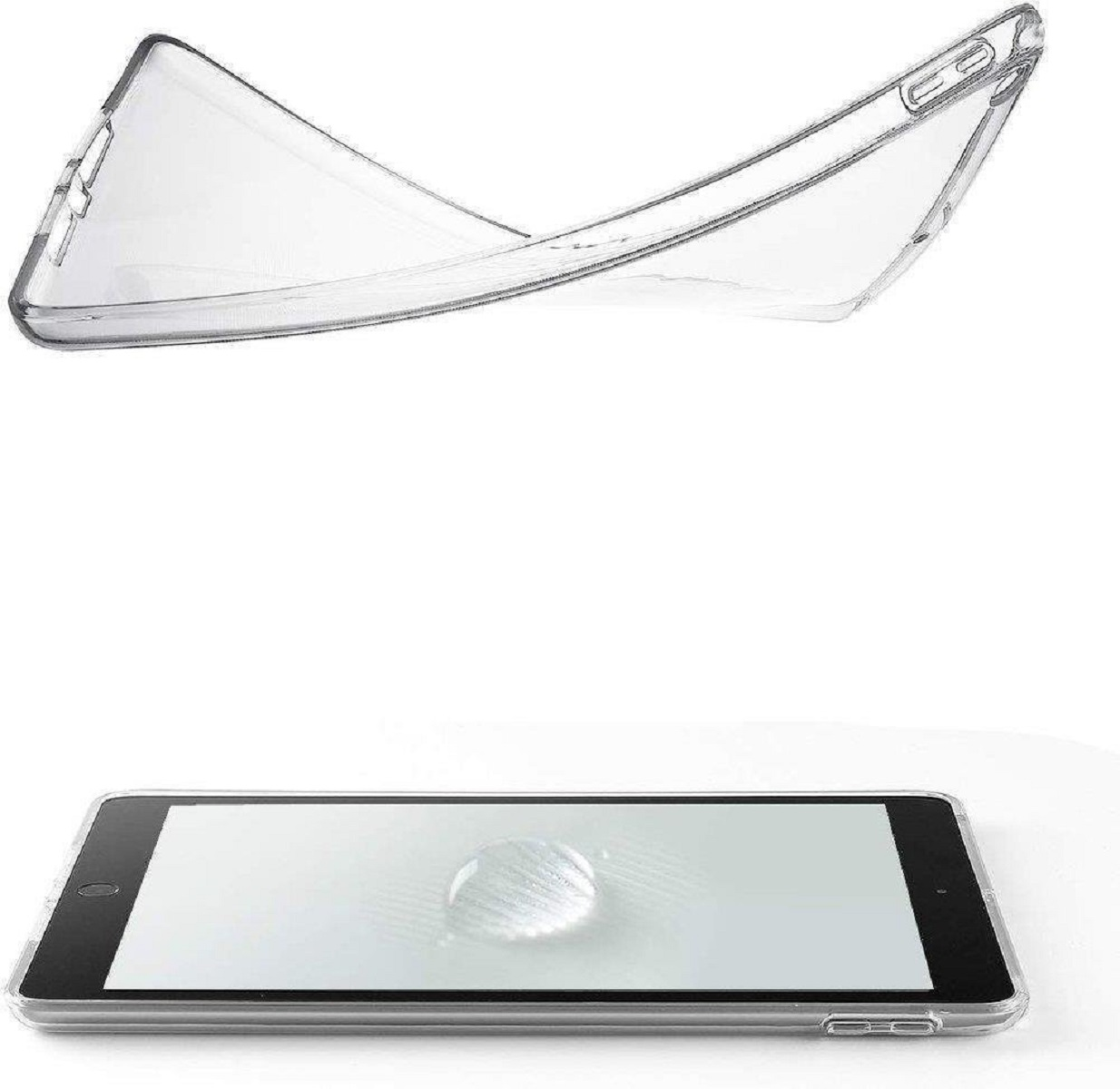 Eine transparente Tablethülle über einem Tablet mit Displayschutz. Die Hülle ist gebogen und zeigt ihre Form, das Tablet ist flach.