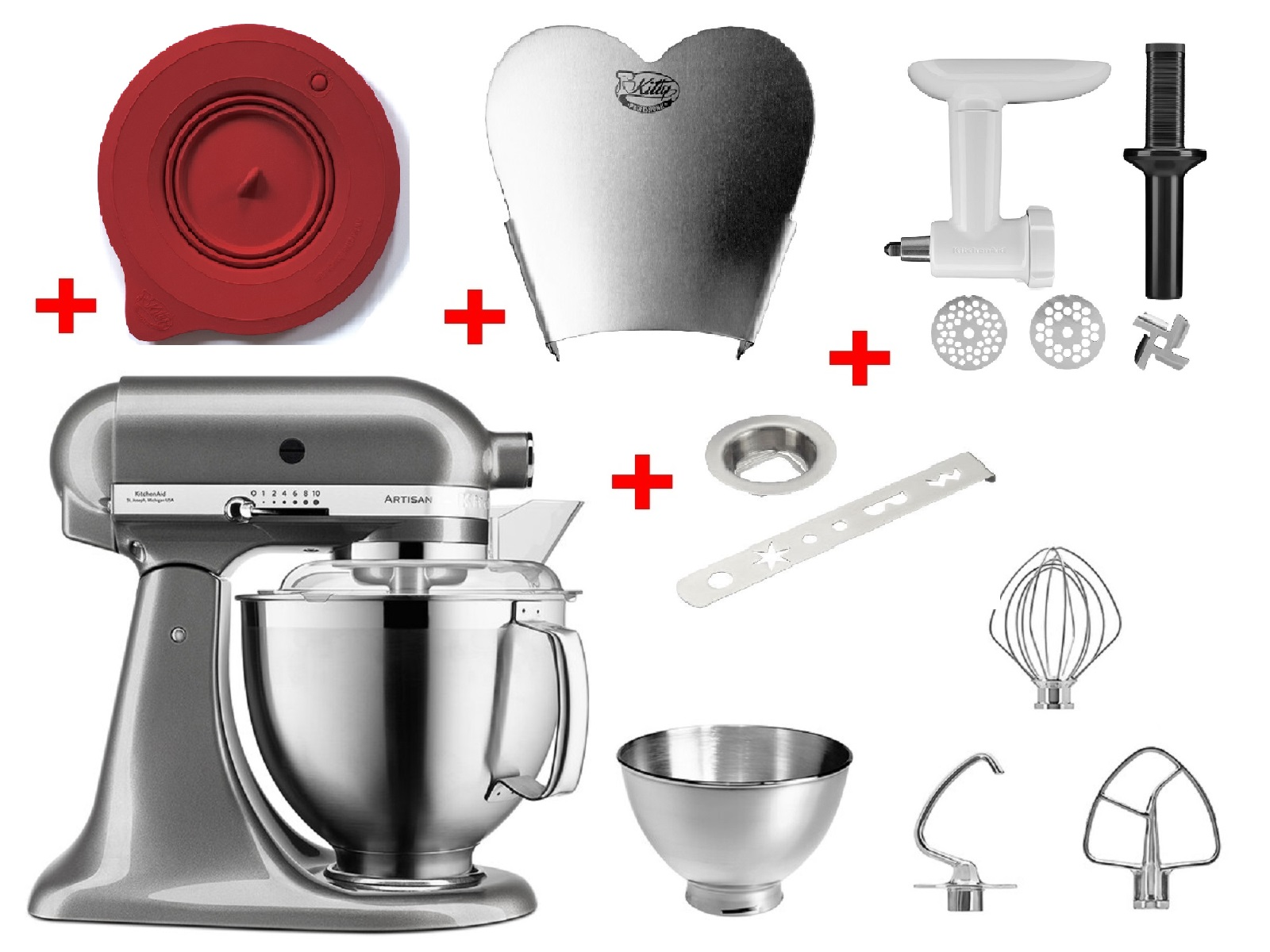 Ein silberner Küchenmixer mit Aufsätzen: roter Deckel, Mahlwerk, Schüssel und Werkzeuge.