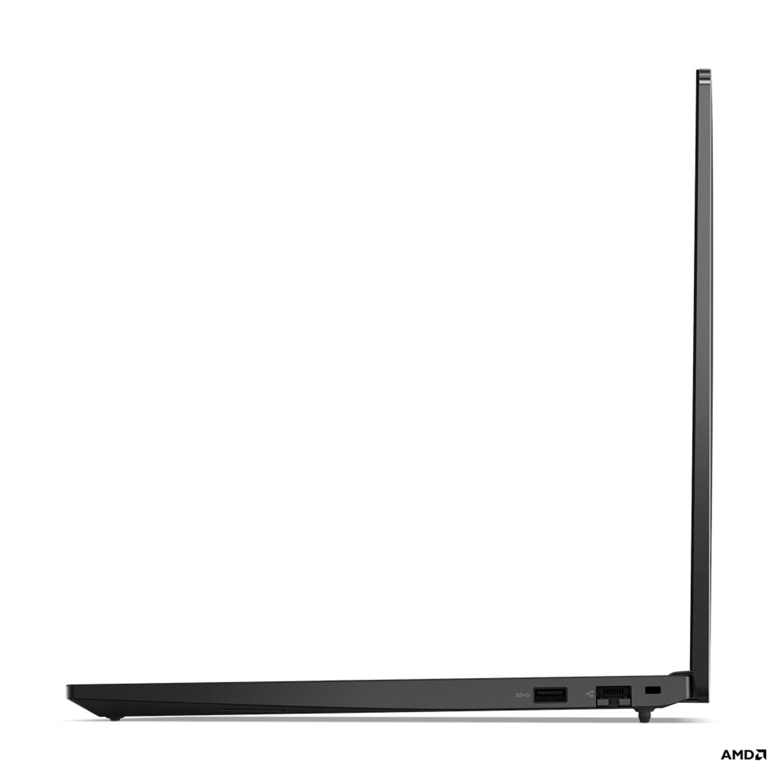 Seitenansicht eines schwarzen Laptops. Das AMD-Logo ist sichtbar. Der Bildschirm ist geschlossen.