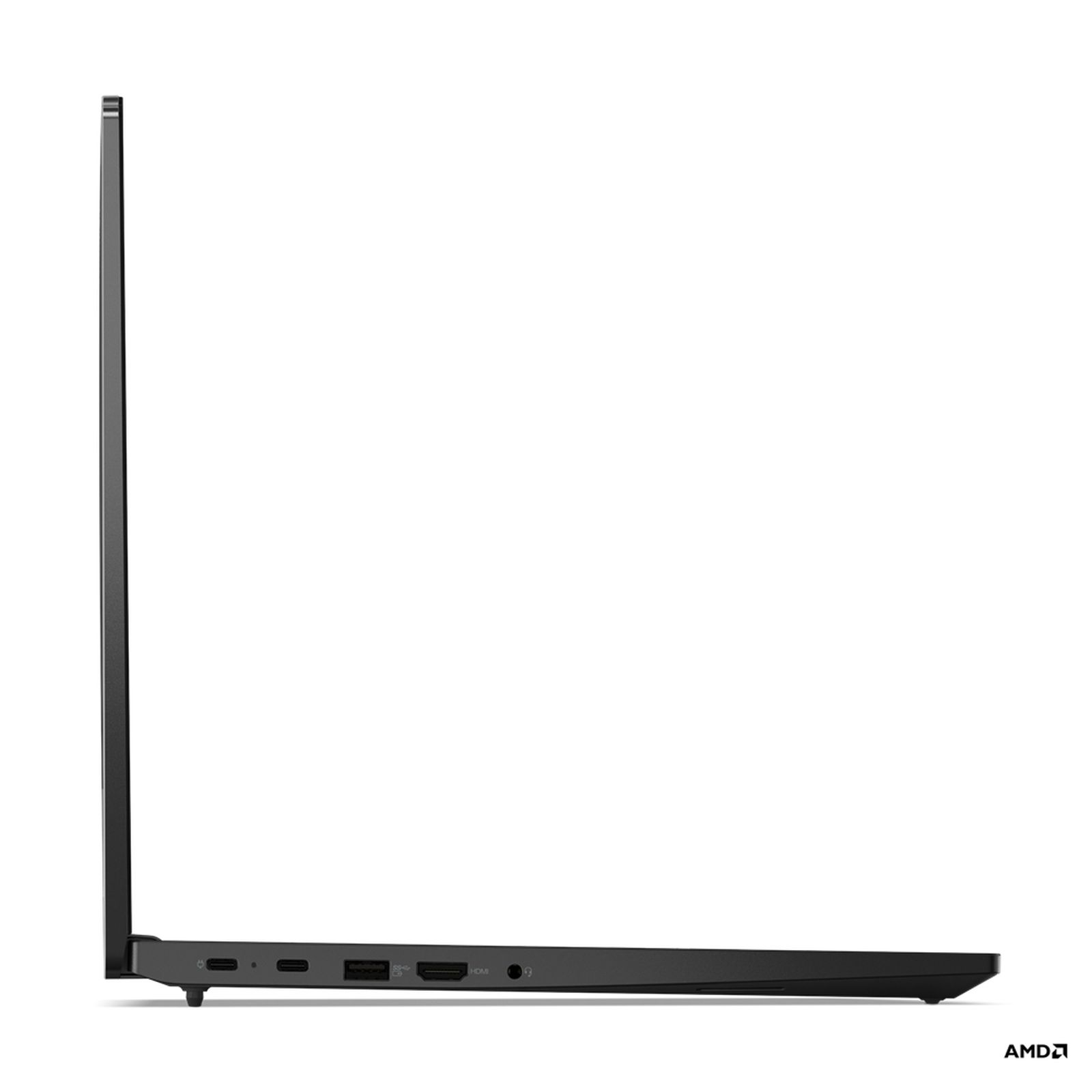Ein schwarzes ThinkPad-Laptop von der Seite. Das AMD-Logo ist sichtbar.