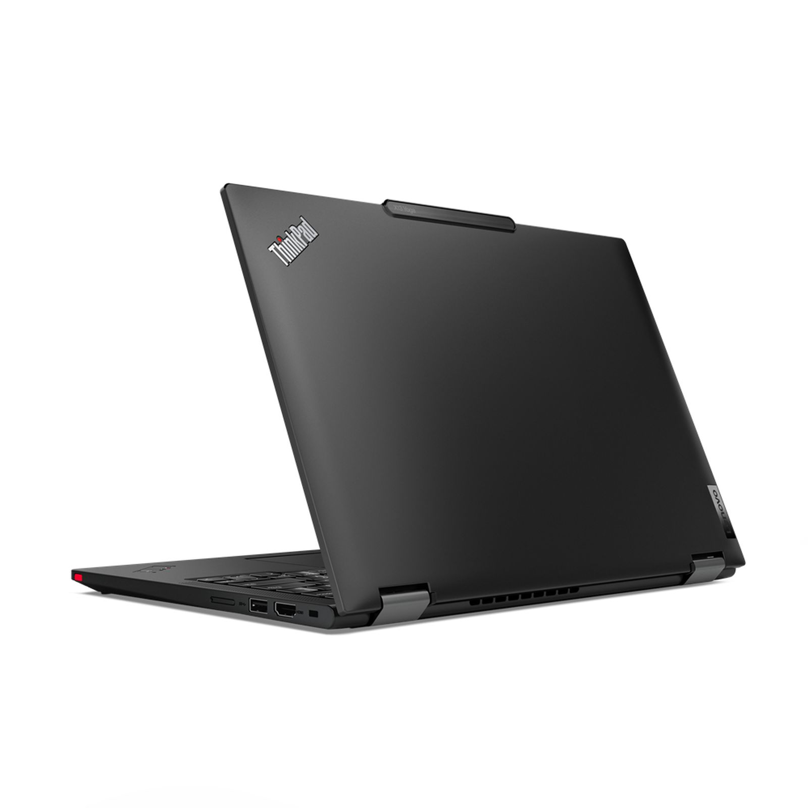 Laptop nero, vista posteriore, aperto. Il logo 'ThinkPad' è visibile, lo schermo è aperto.