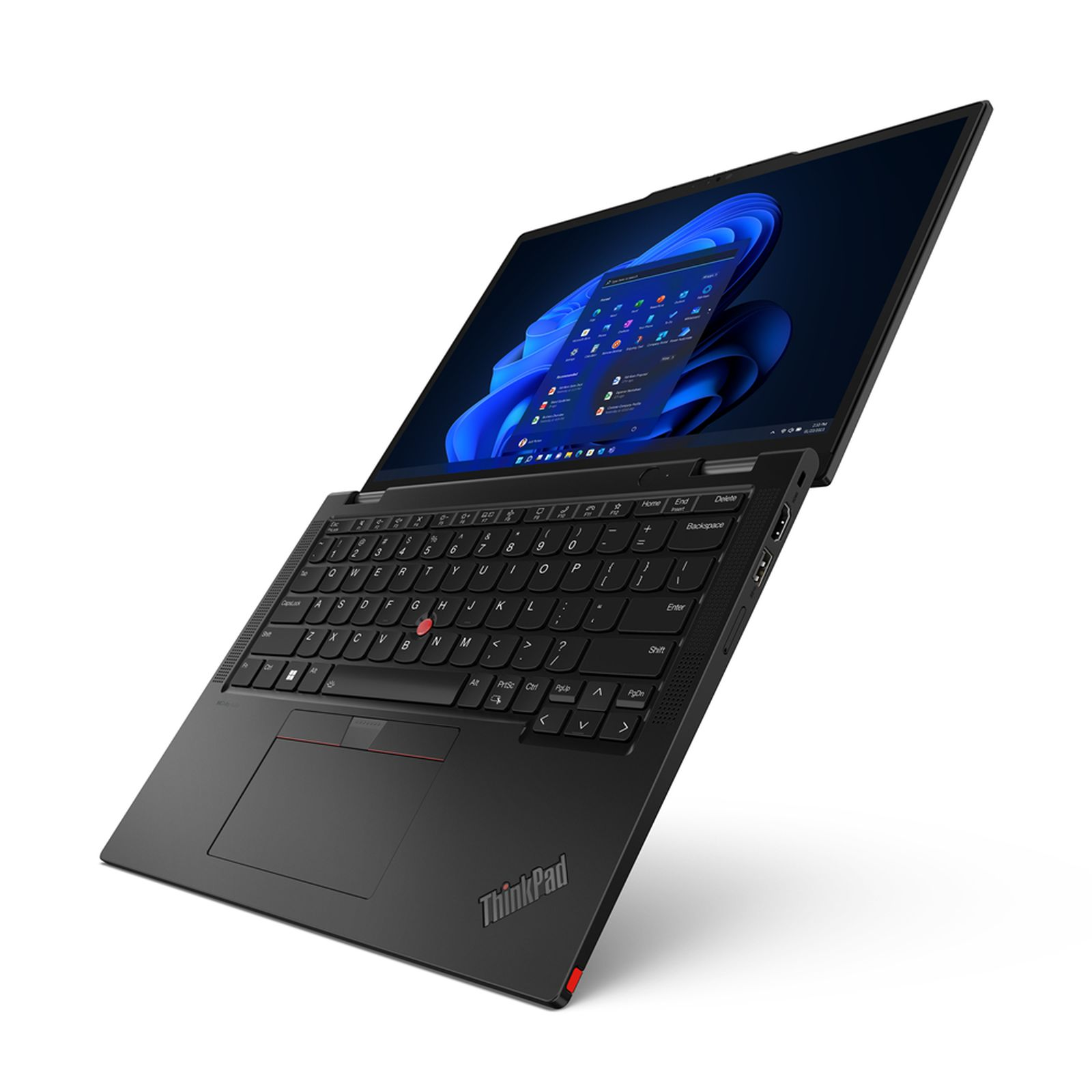 Laptop nero su sfondo bianco. Tastiera e schermo visibili.
