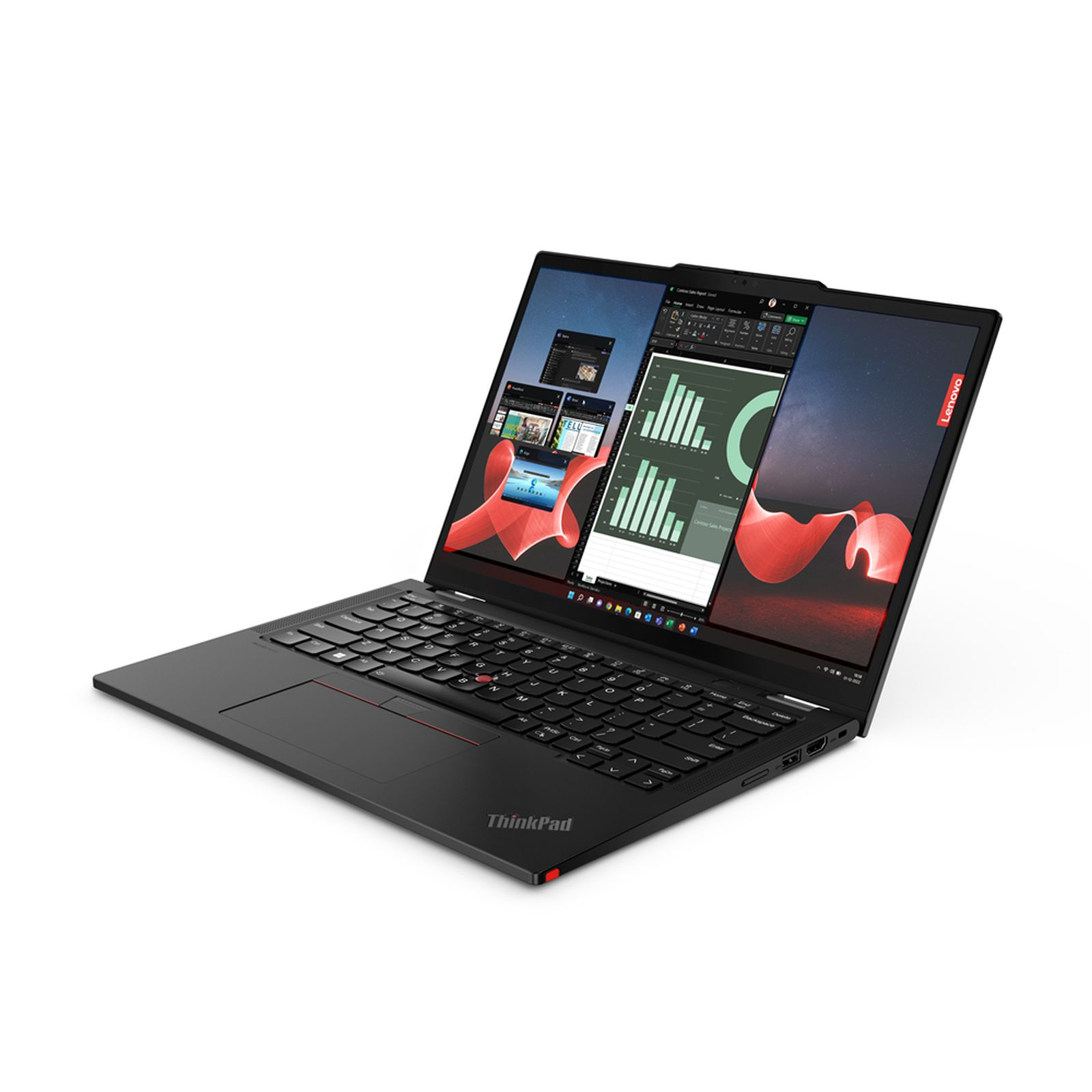 Laptop nero con grafici sullo schermo, su una superficie bianca.