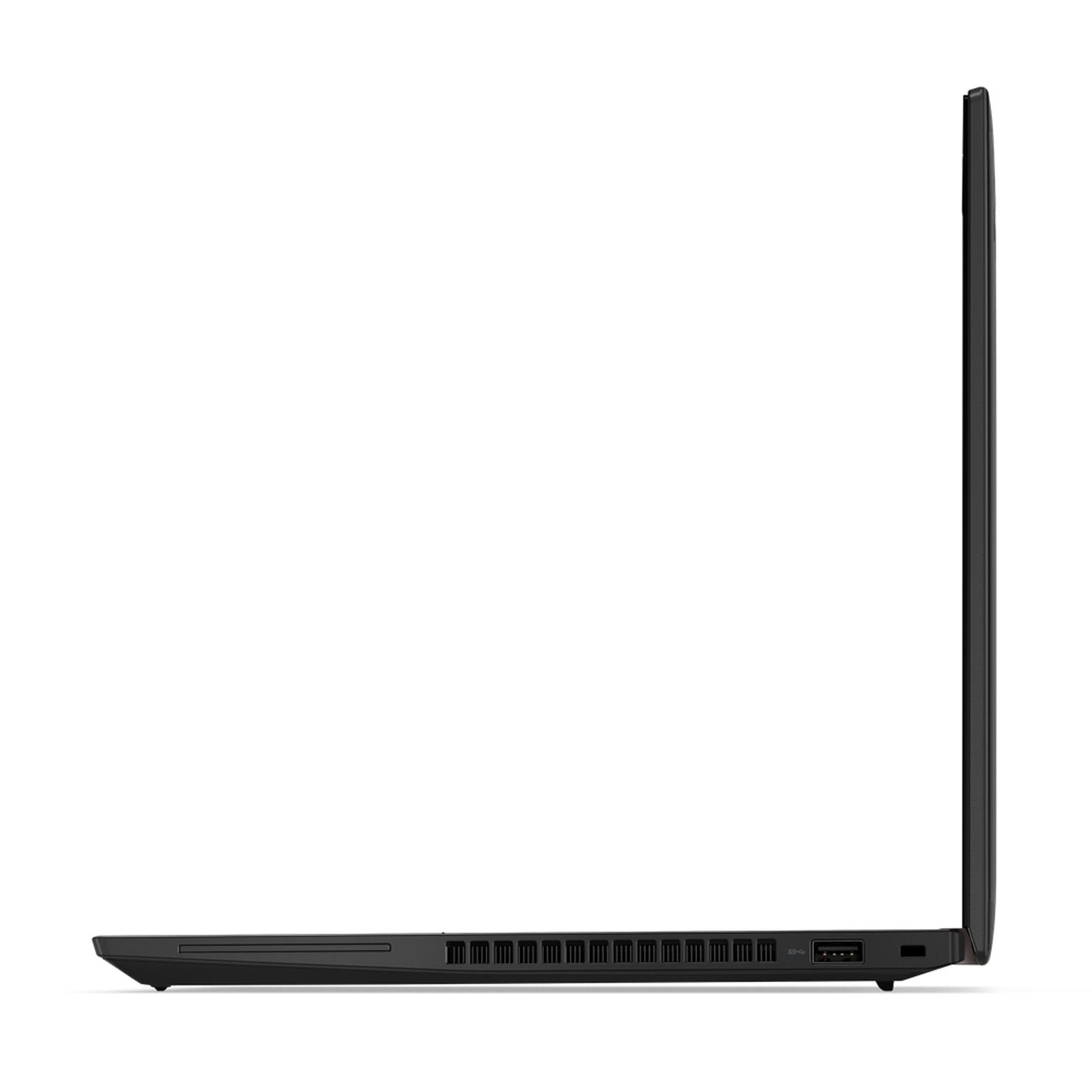 Seitenansicht eines schwarzen Laptops, zeigt schlankes Design mit Lüftungsschlitzen und Anschlüssen.
