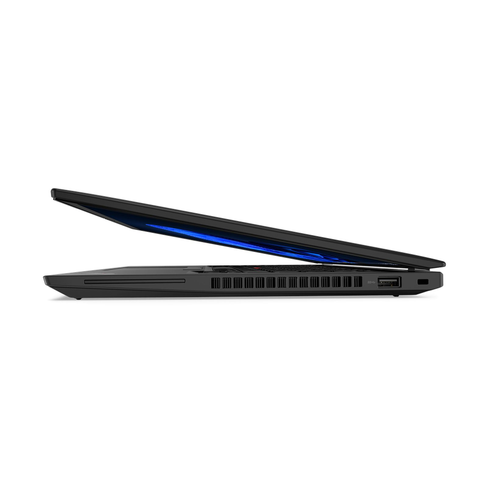 Ein schwarzer Laptop, Seitenansicht, geöffnet. Der Bildschirm ist schwarz und die Tastatur ist sichtbar.