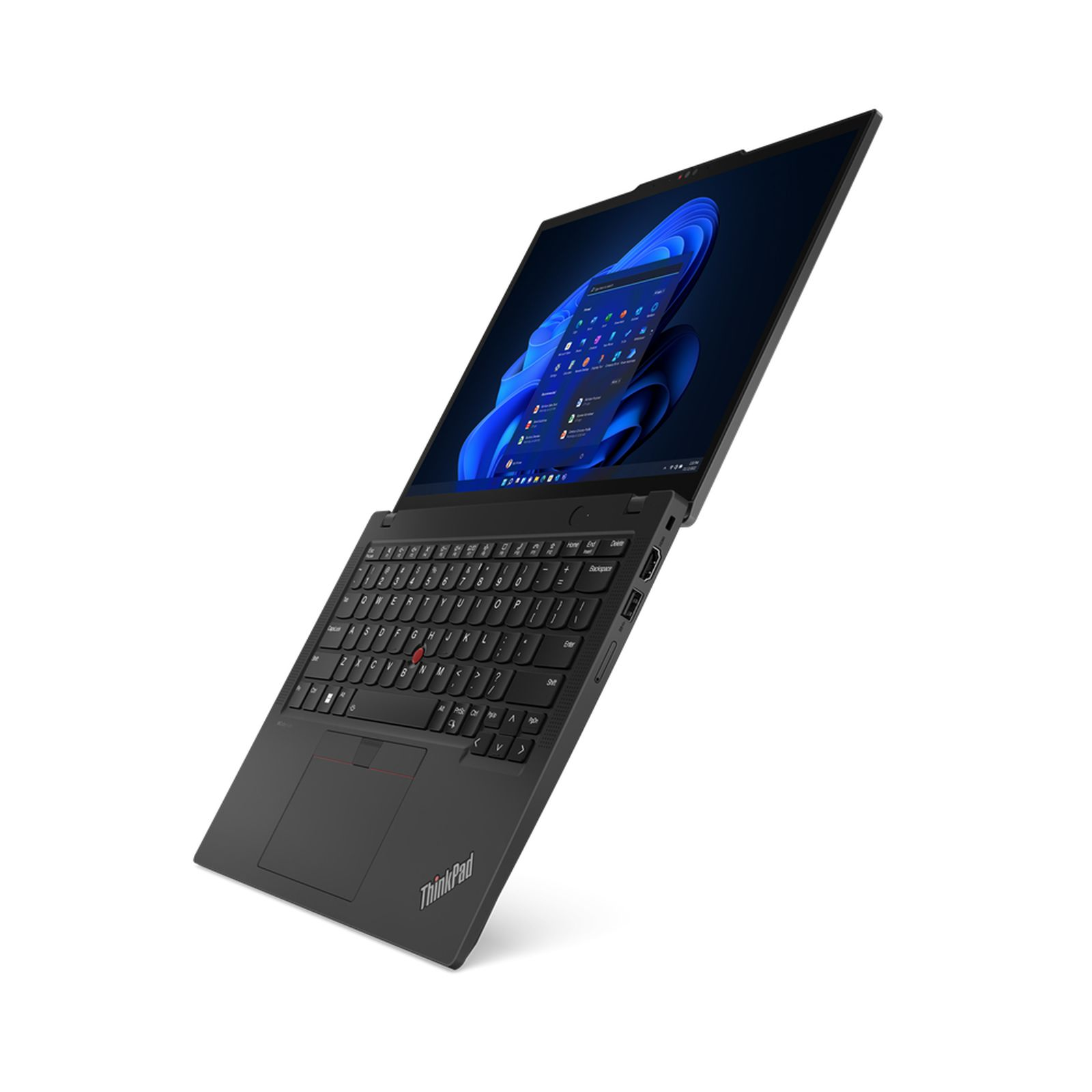 Schwarzer Laptop mit offenem Bildschirm, der Windows-Oberfläche zeigt. Auf weißer Oberfläche.