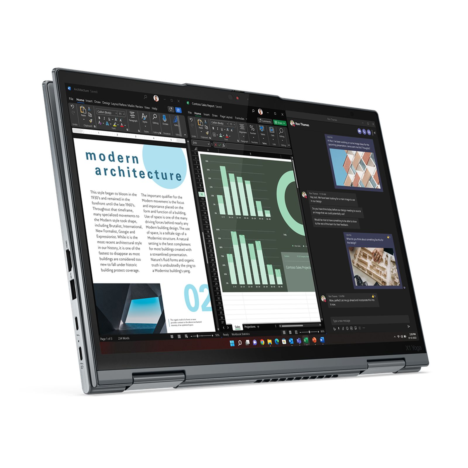 Laptop con schermo che mostra documenti e grafici. Il laptop è aperto, mostrando una presentazione.