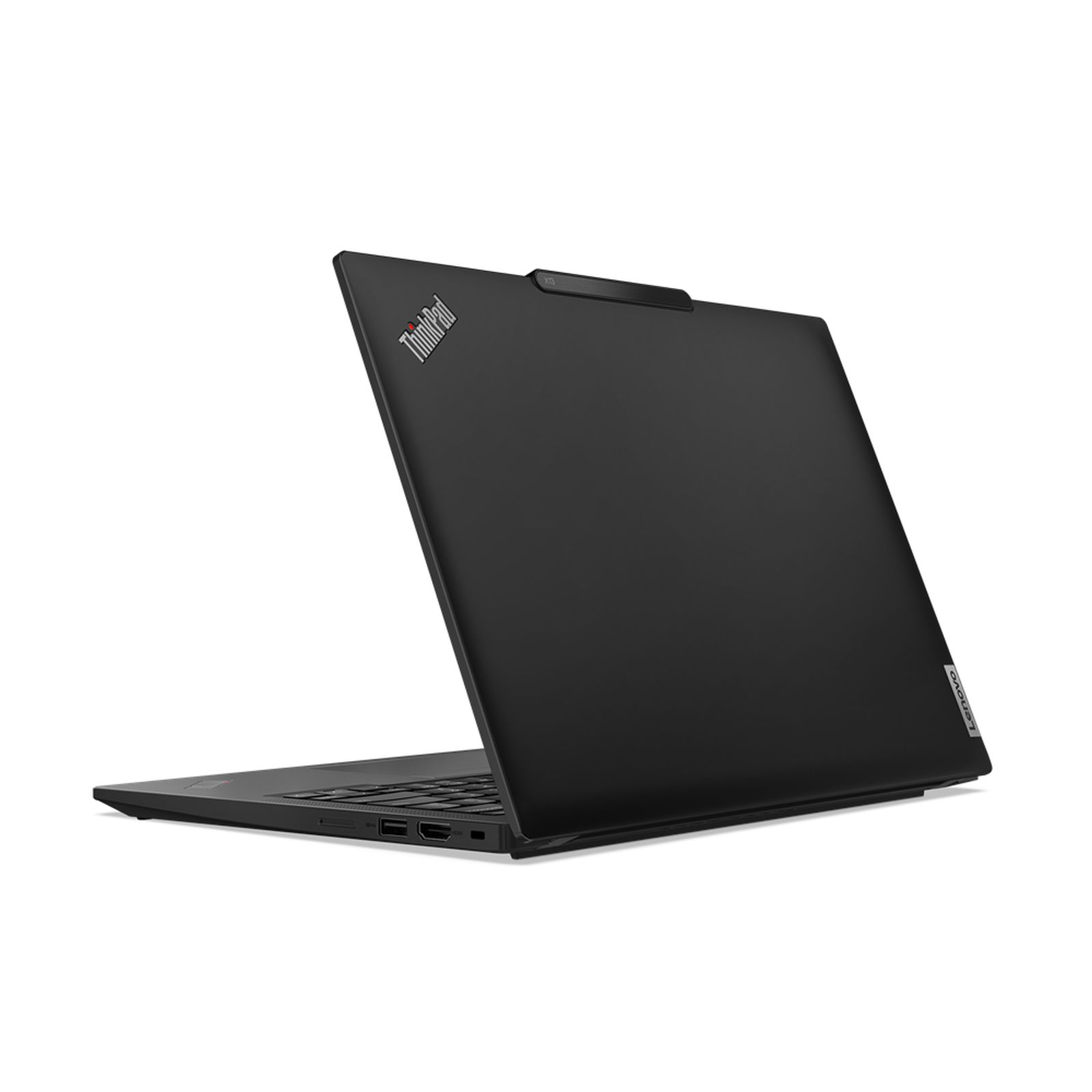 Schwarzer Laptop, Rückansicht, geöffnet. Das 'ThinkPad'-Logo ist sichtbar, der Bildschirm ist geöffnet.