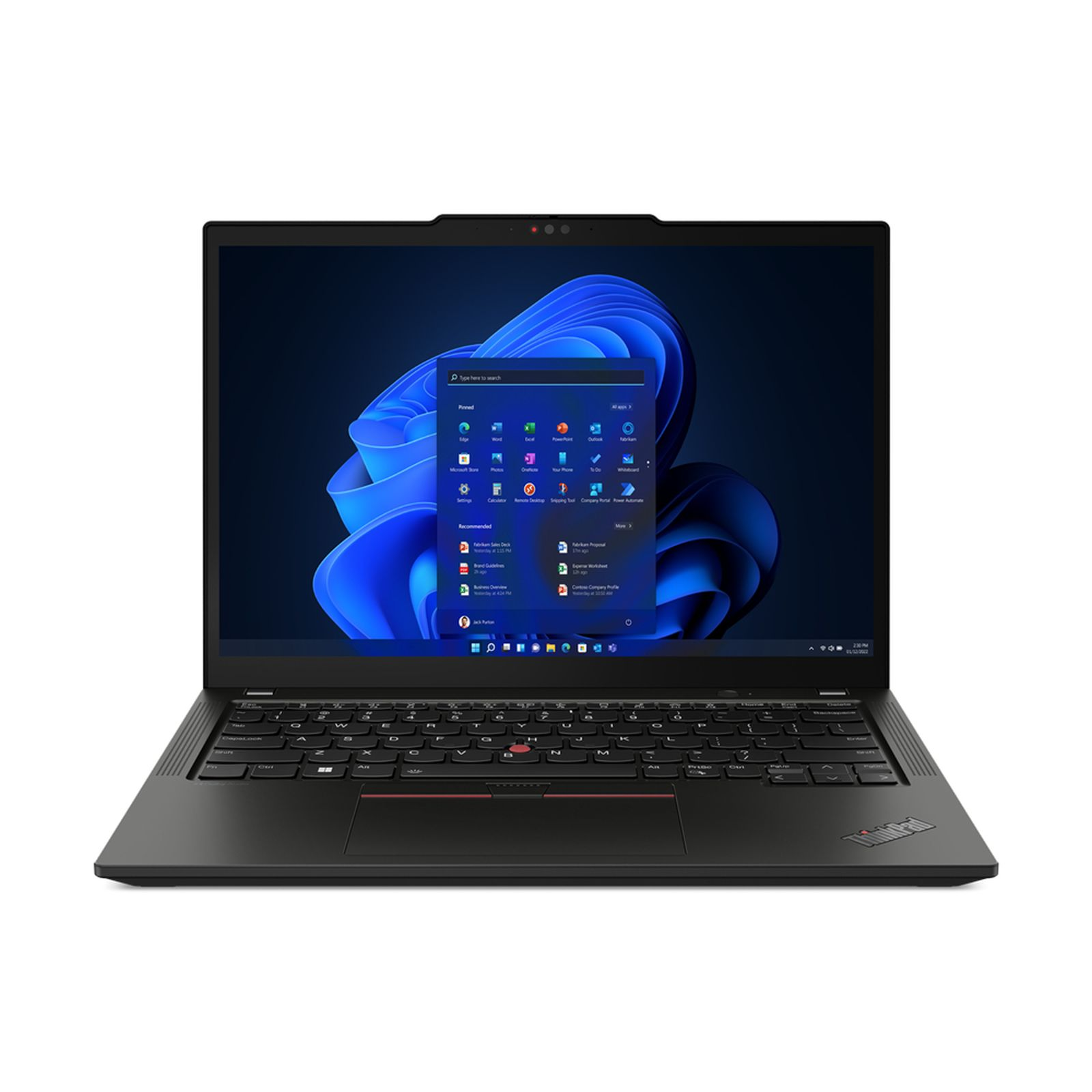 Ein schwarzer Laptop mit der Windows 11-Oberfläche auf weißem Hintergrund.