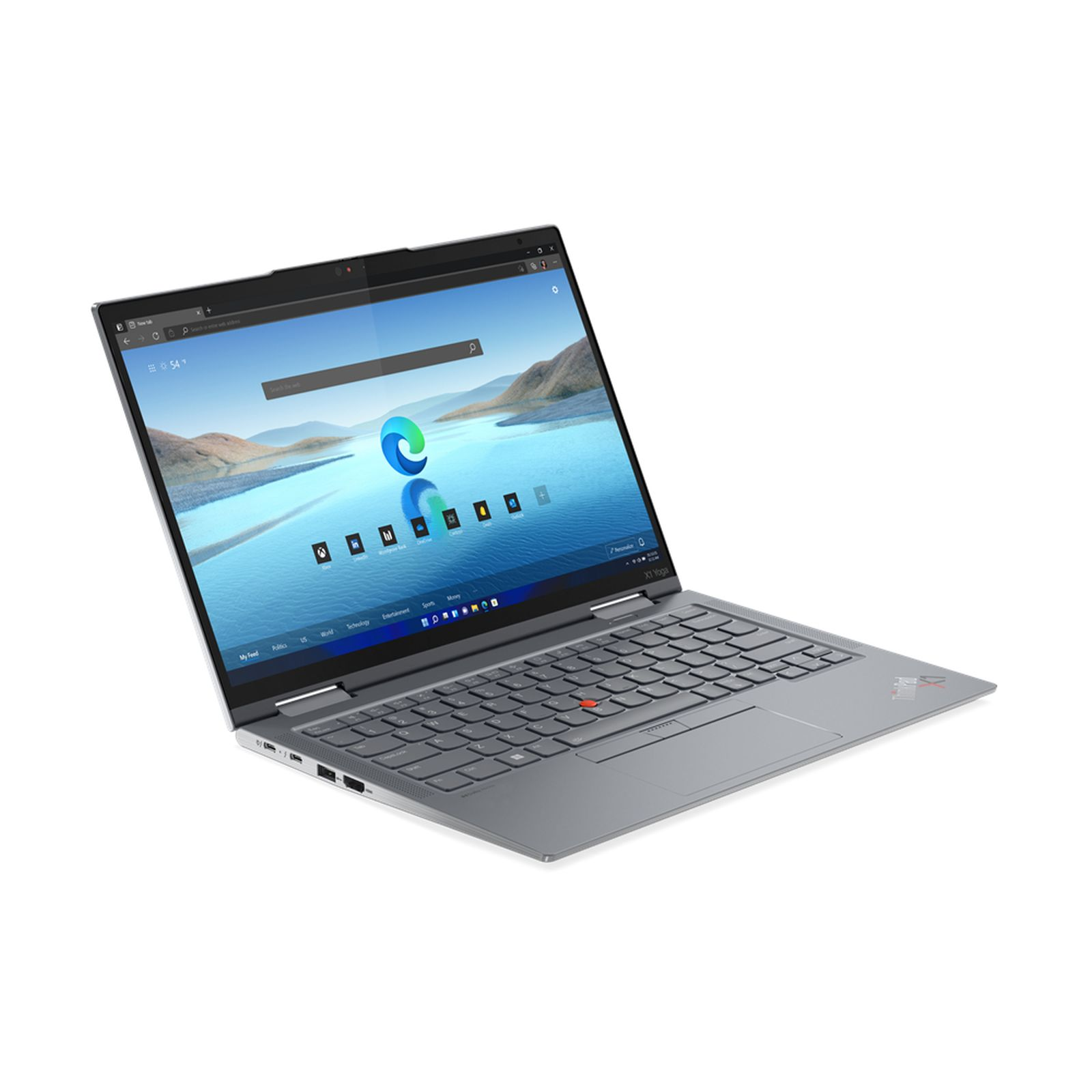 Laptop con schermo che mostra una pagina web, aperto su una superficie bianca.