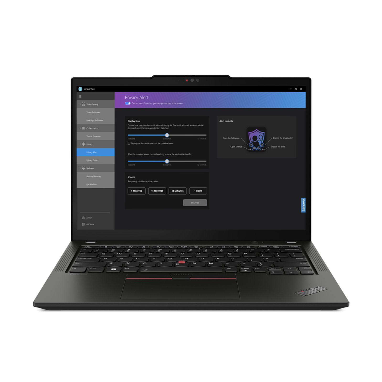 Laptop auf weißer Oberfläche. Bildschirm zeigt eine Datenschutzwarnung von Lenovo.