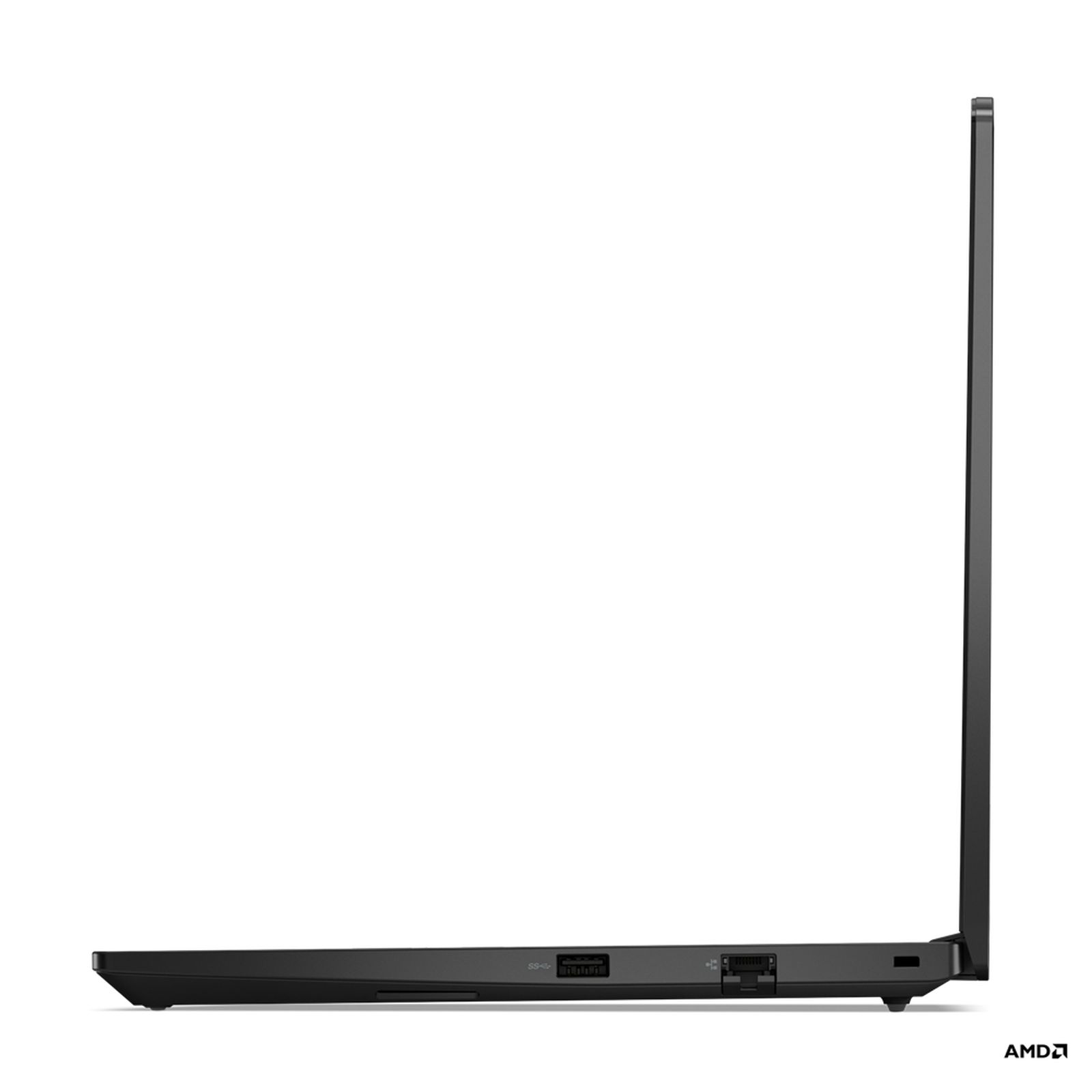 Seitenansicht eines schwarzen Laptops. Der Laptop ist geschlossen, mit schwarzer Oberfläche.