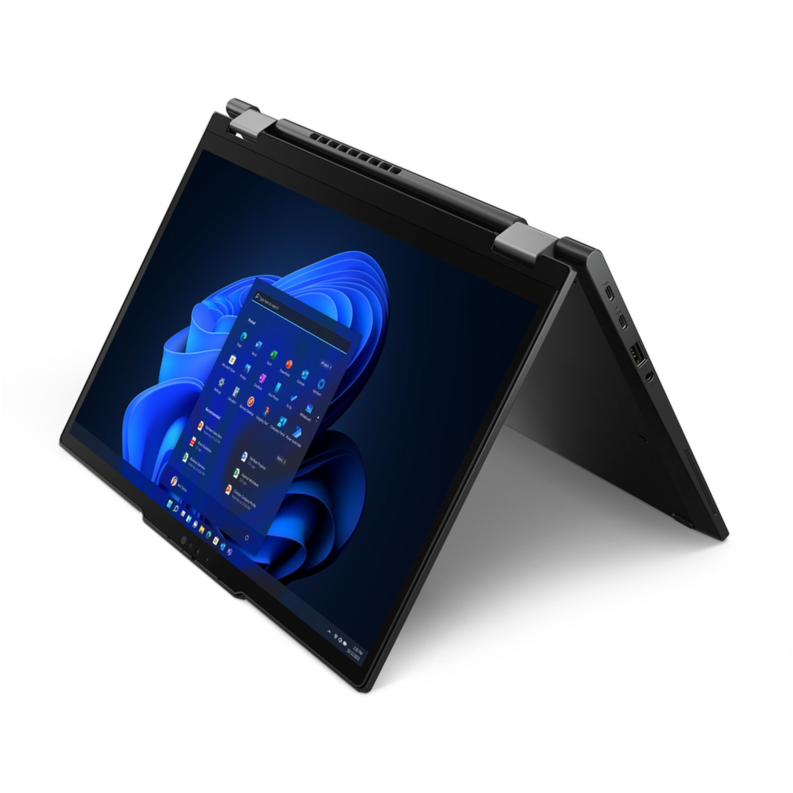 Ein schwarzer Laptop mit Touchscreen, in einem Winkel geöffnet.