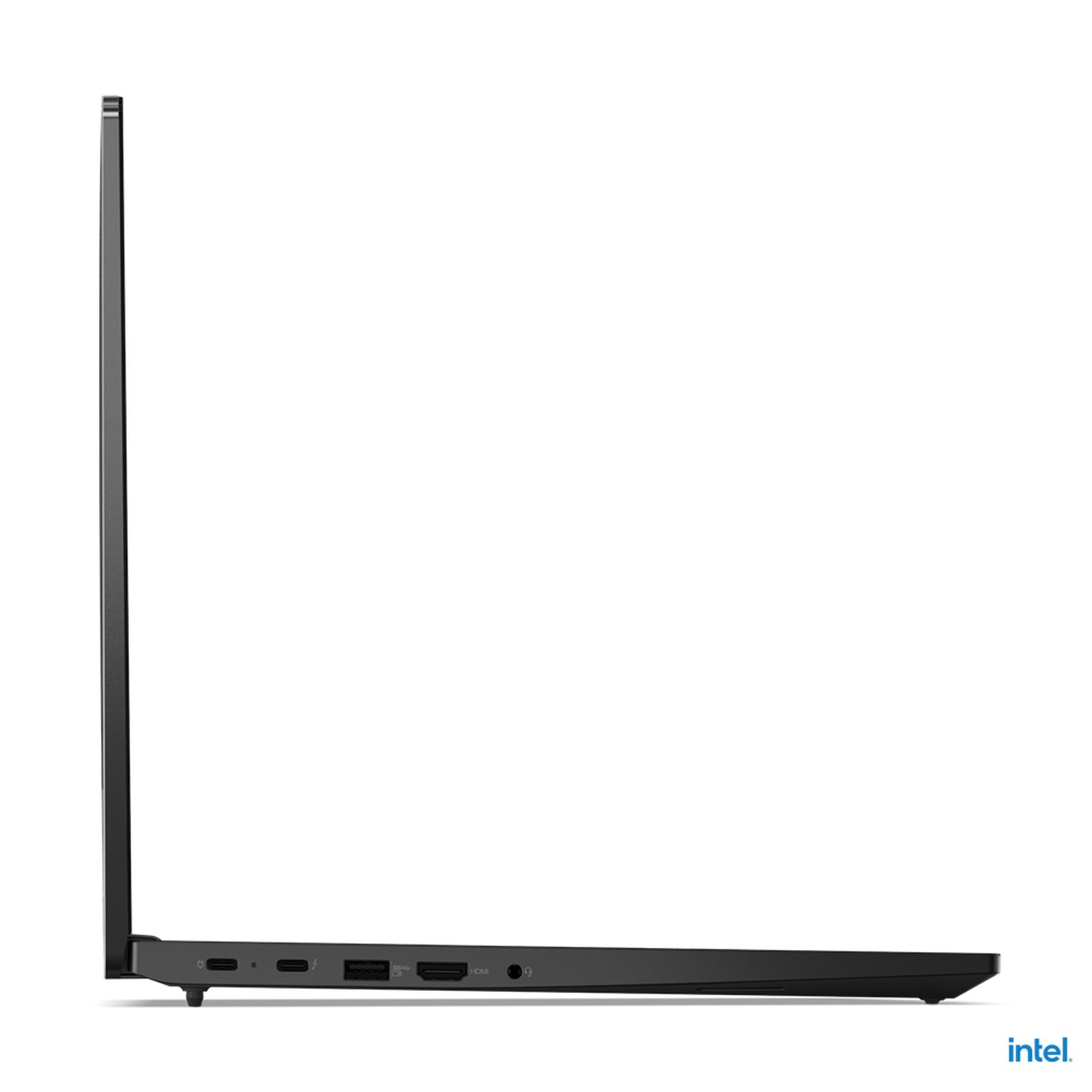 Laptop-Seitenansicht, schwarz und geschlossen, mit Intel-Logo.