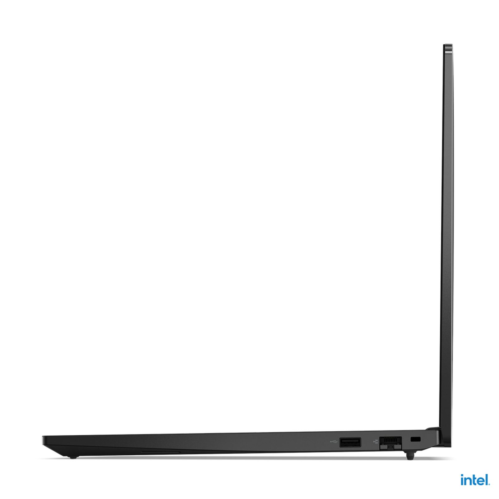 Schwarzer Laptop, Seitenansicht, mit Anschlüssen und Intel-Logo unten. Schlankes und minimalistisches Design.