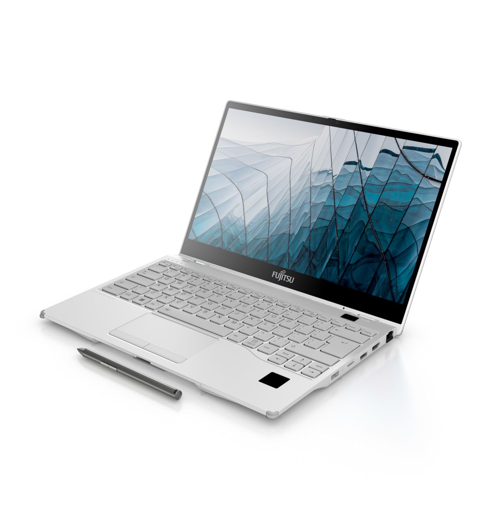 Laptop Fujitsu bianco con schermo aperto e una penna stilo.