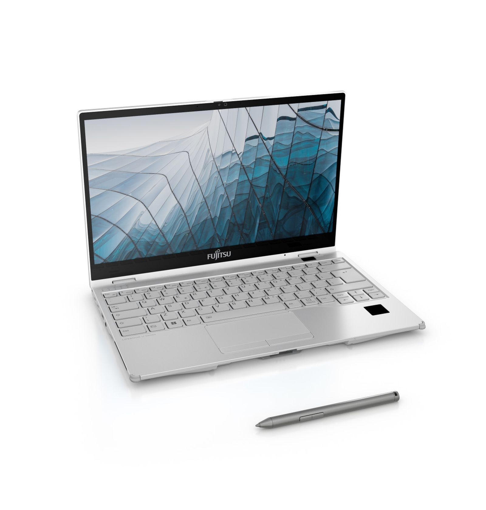 Laptop argentato, schermo aperto, con stilo. Sfondo bianco.