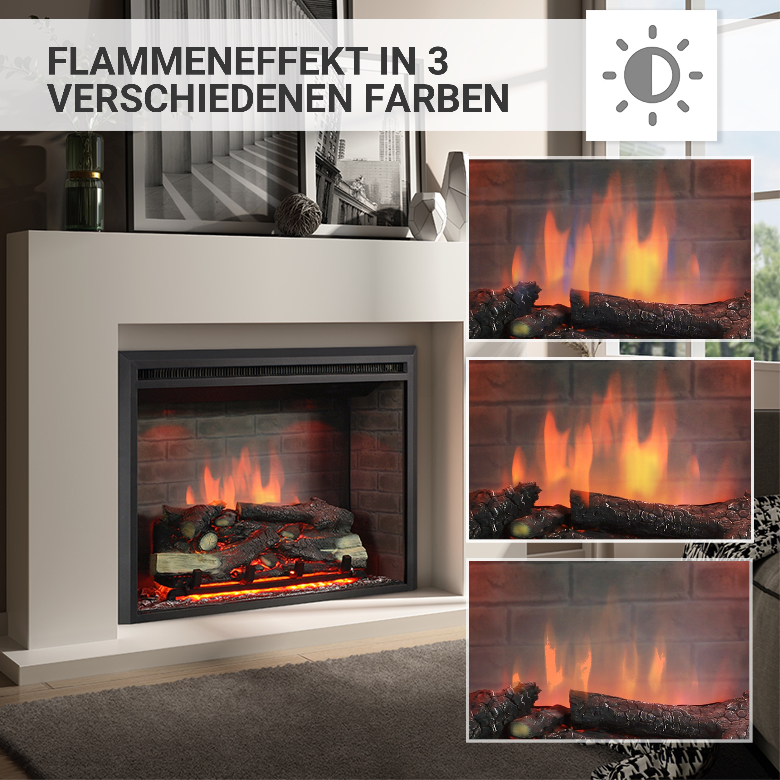 Kamin mit Flammen, drei Anzeigeoptionen.