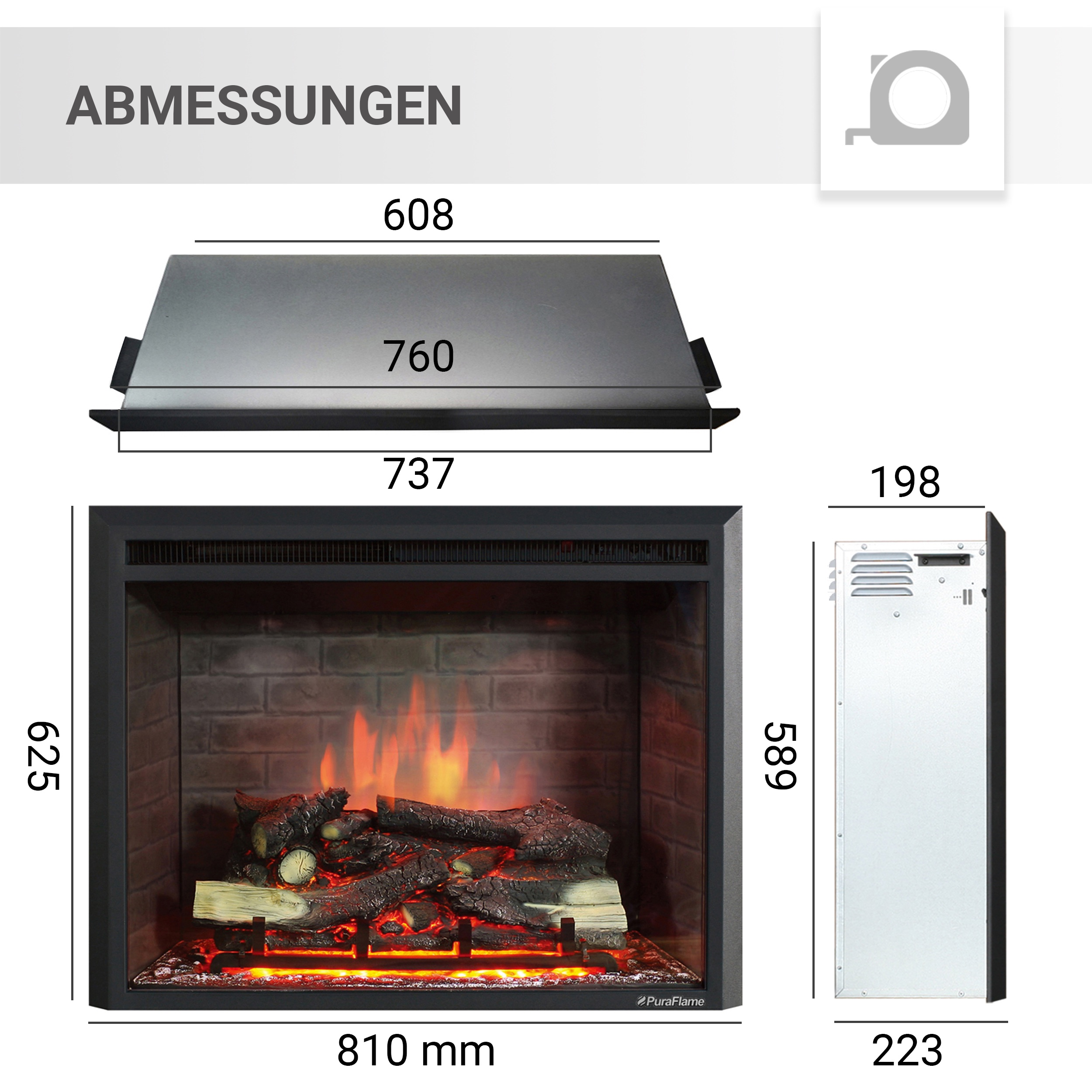 Diagramm eines Kamins, das die Abmessungen der Vorderseite, Oberseite und Rückseite zeigt. Weißer Hintergrund.