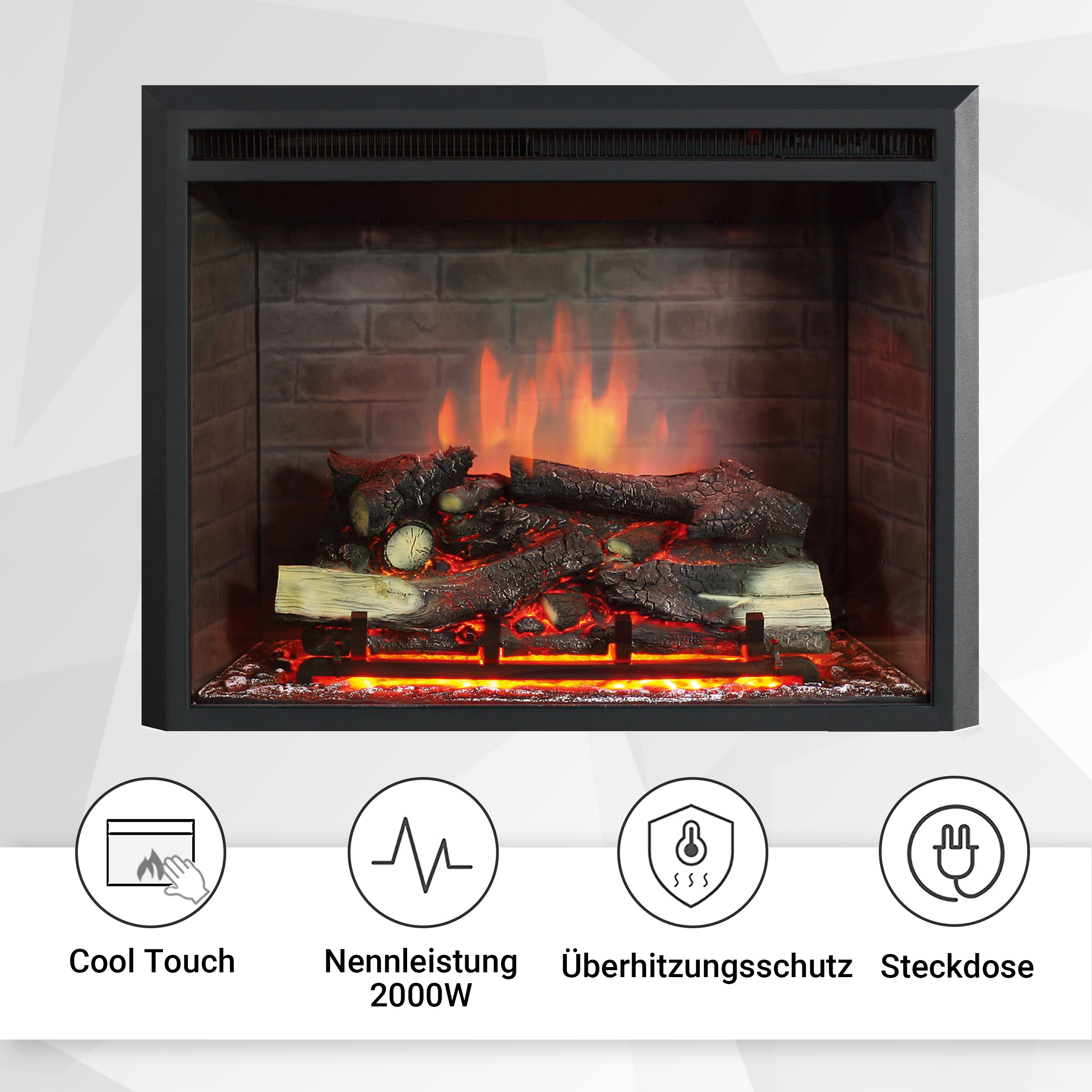 Ein schwarzer Kamin mit einem ziegelartigen Hintergrund und einem brennenden Feuer. Symbole für Funktionen unten.