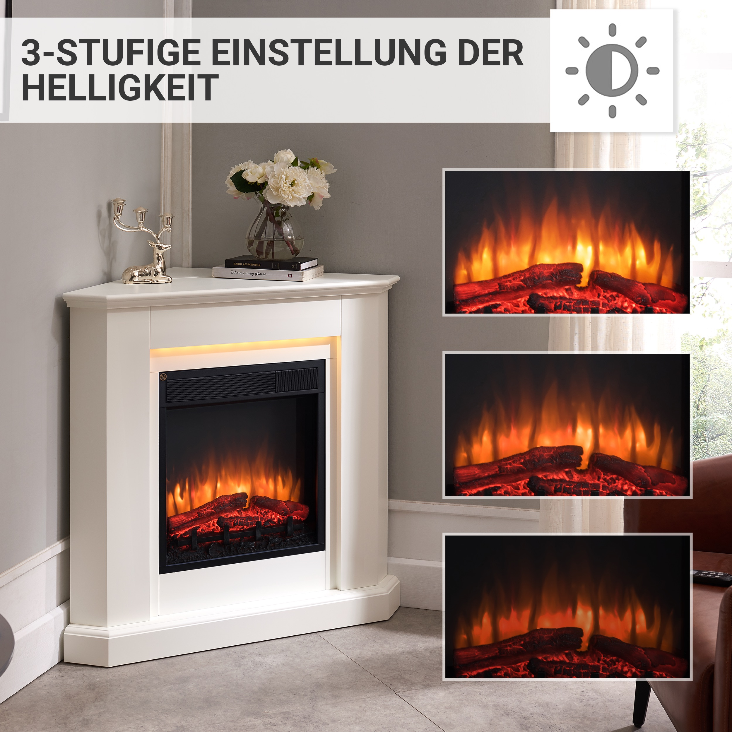 Weißer Eckkamin mit drei Lichteinstellungen. Zeigt Flammen. Weiße Wände und ein brauner Ledersessel.