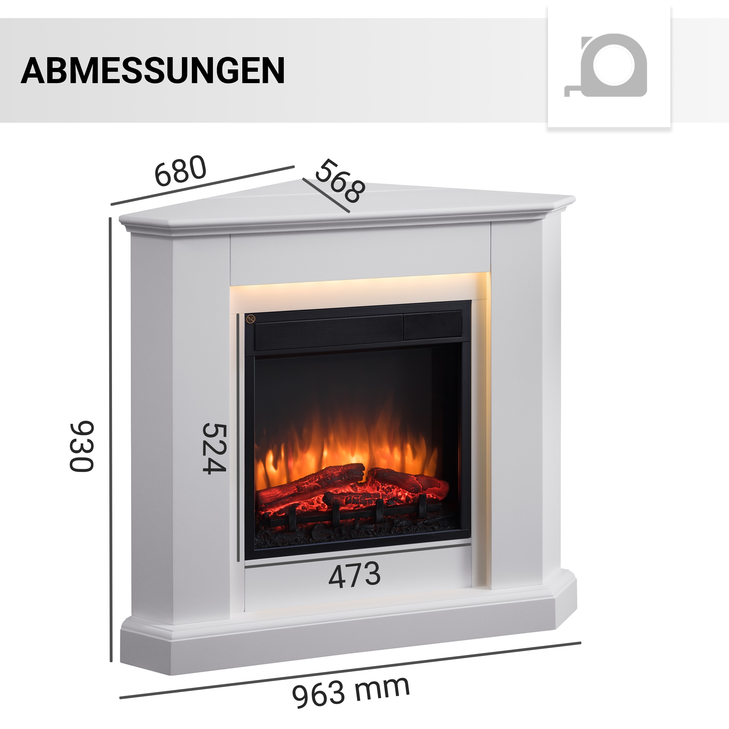 Weißer Eckkamin mit Maßen und einem leuchtenden Feuer.